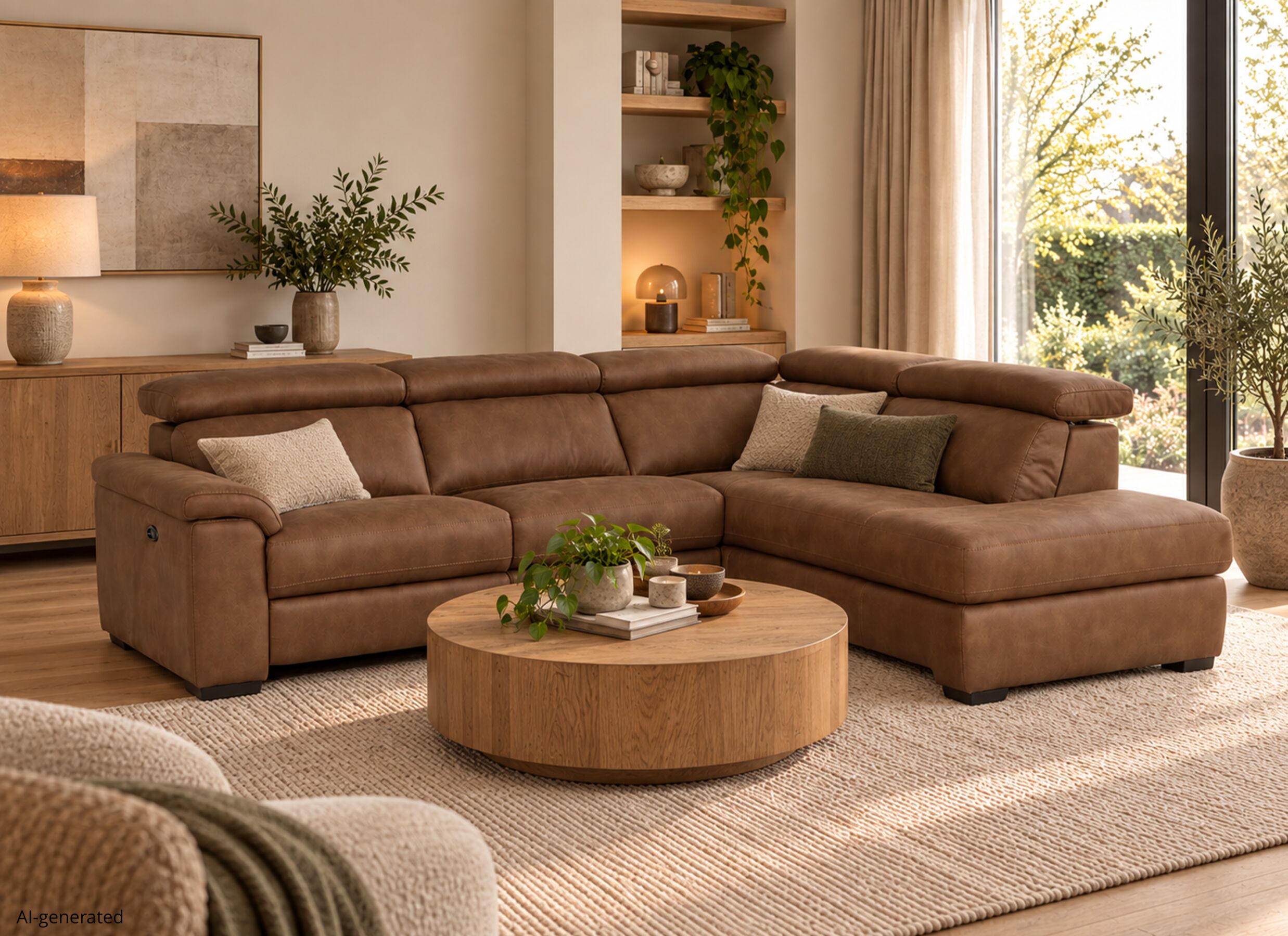 AI Generated - Hoeksalon Fall 271x213cm - stof - cognac met relax