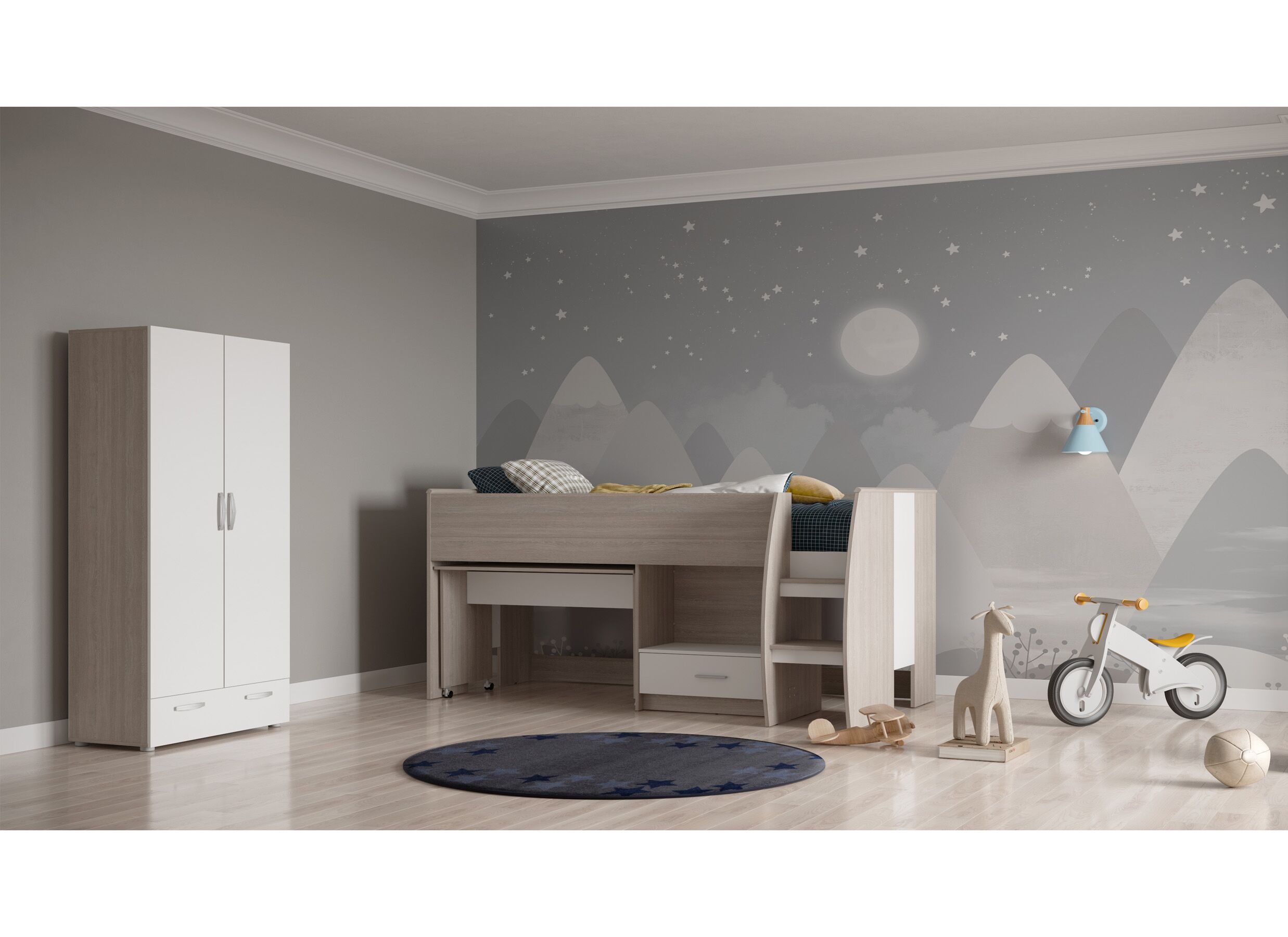 Foto ambiance - Lit mi-hauteur avec bureau Nano 90x200cm - décor - chêne shannon & blanc