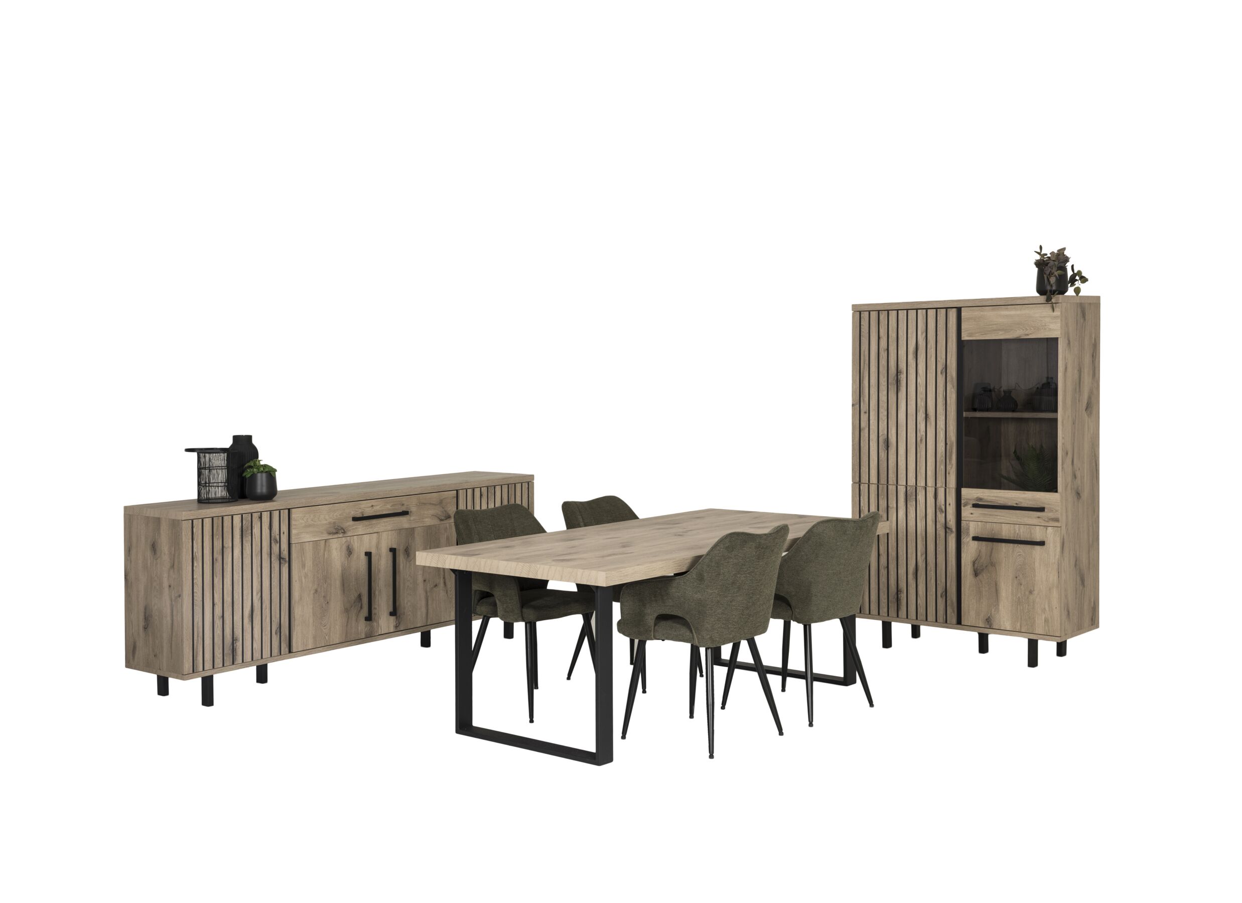Plus Important - Salle à manger Tim avec 4 chaises Daly - table 200x100cm - buffet 225cm - meuble bar 109cm