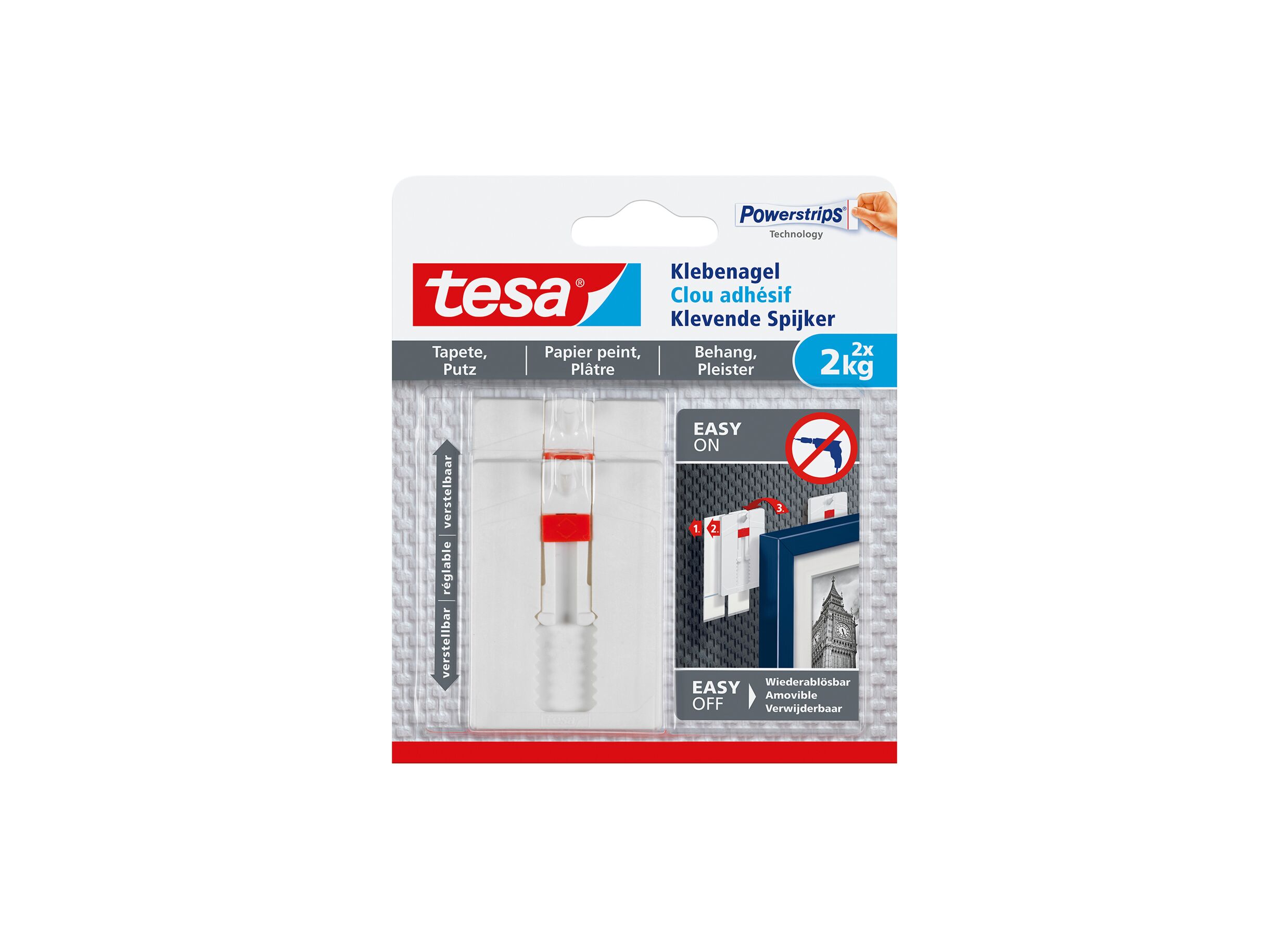 Verstelbare klevende spijker tesa 2kg, 2 stuks