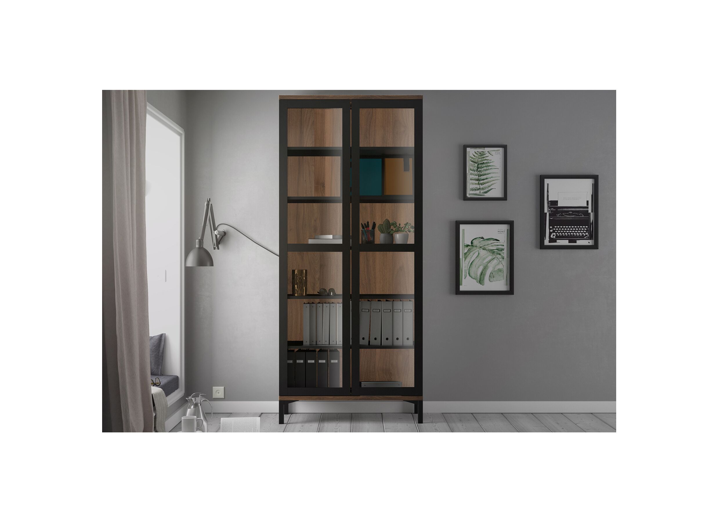 Vitrinekast Roomers 89cm - decor - zwart/walnoot