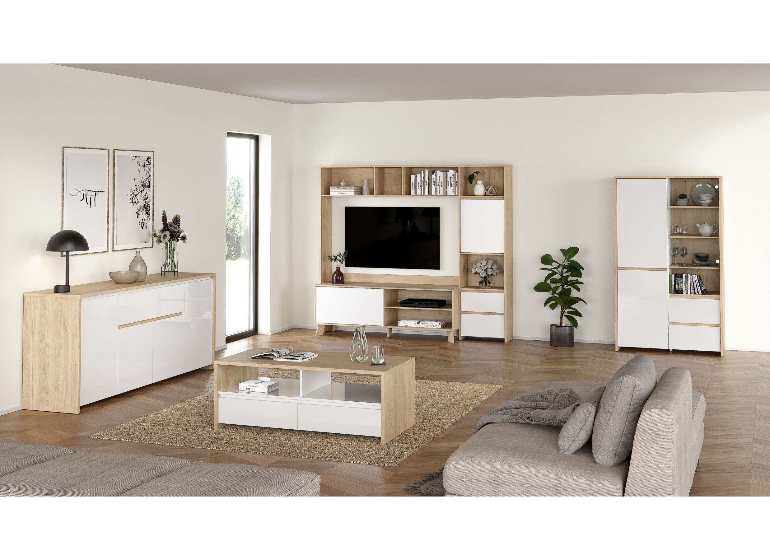 Foto ambiance - Table basse Next 120x60cm - mélamine - blanc brillant & jackson hickory