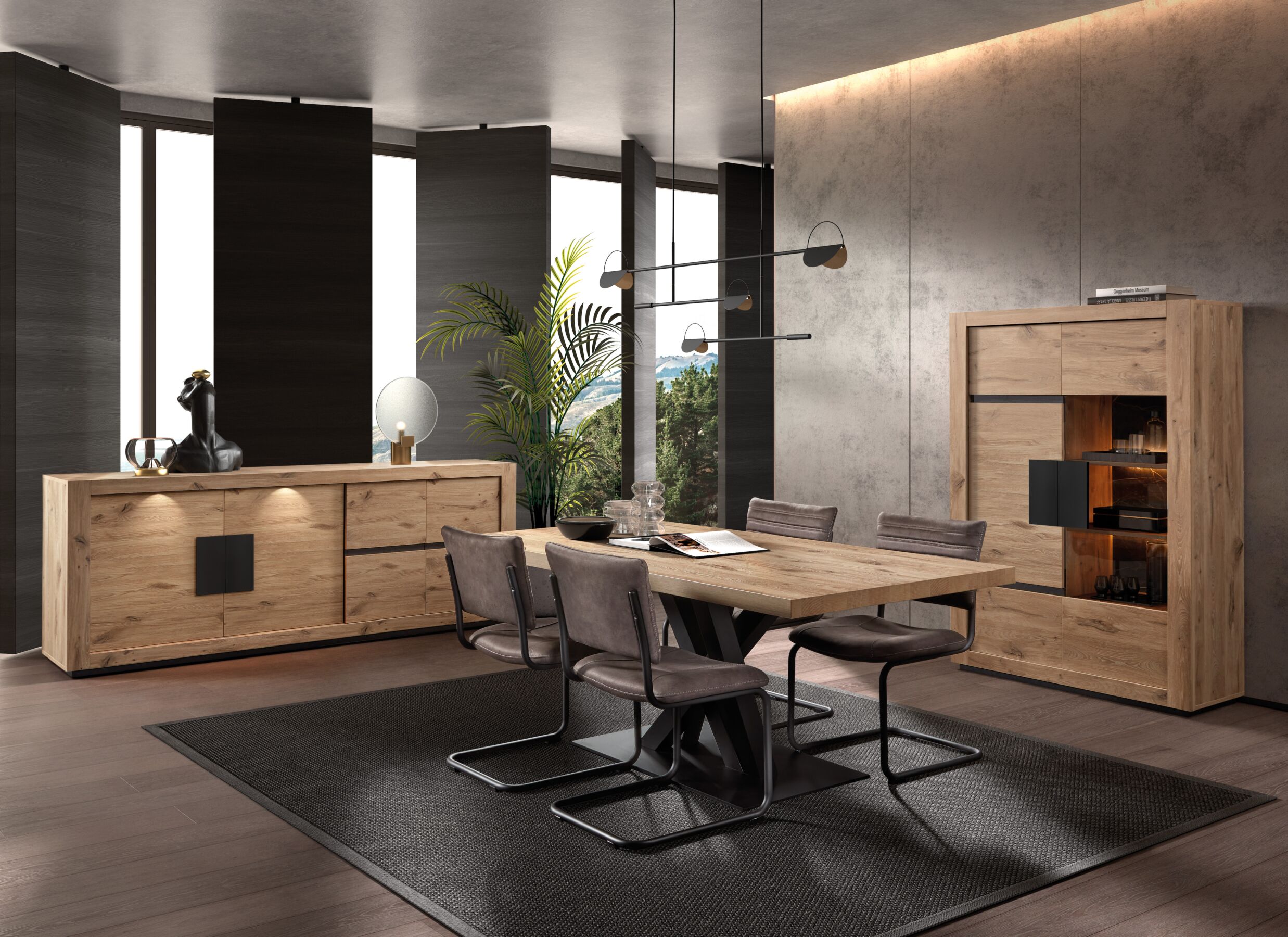 Foto ambiance - Table Sacha 190-140x100cm - mélamine & métal - canyon oak & noir