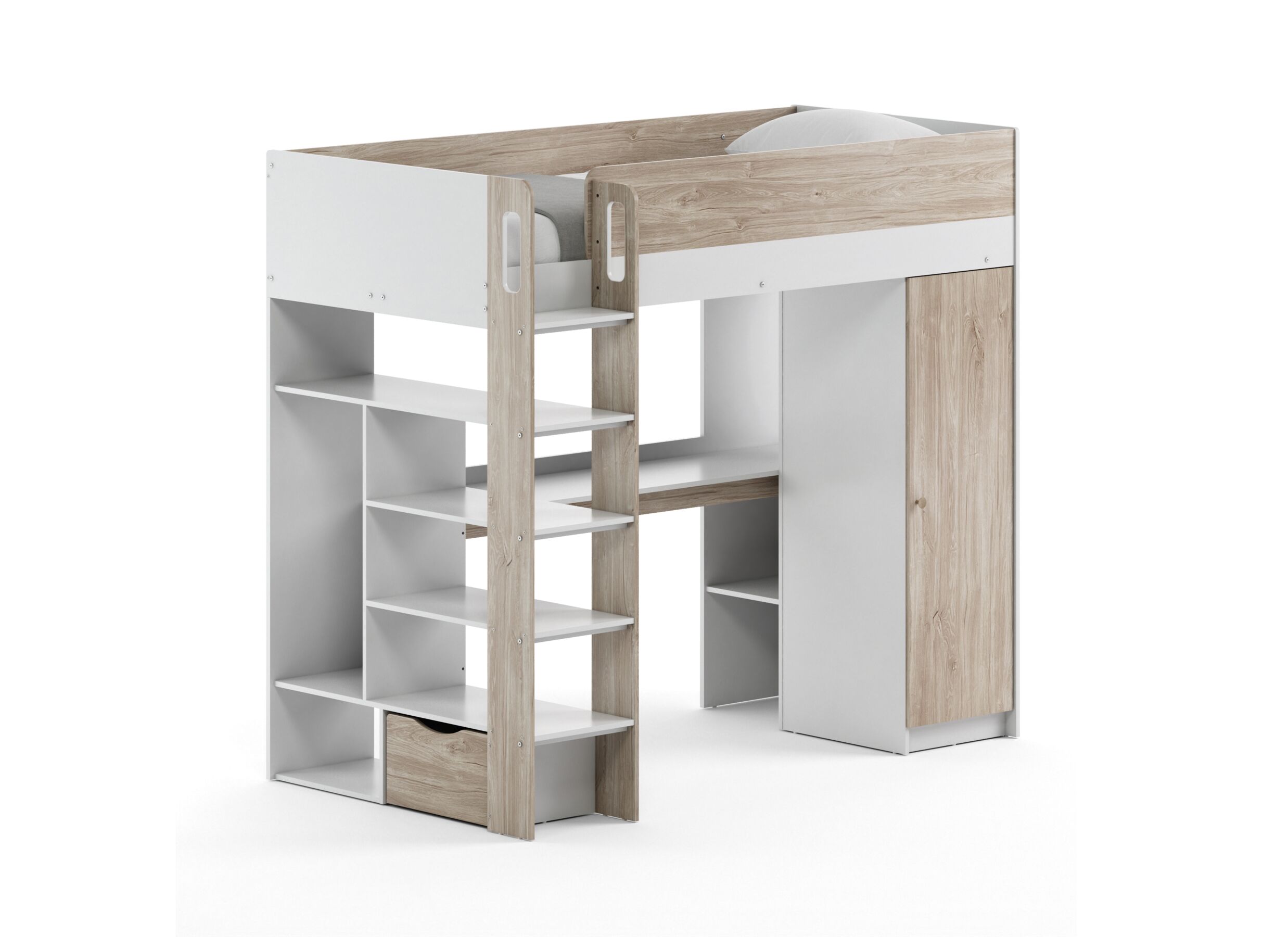 Aperçu - Lit mezzanine Evora 90x200cm - décor - ivory oak & wit avec bureau et rangement