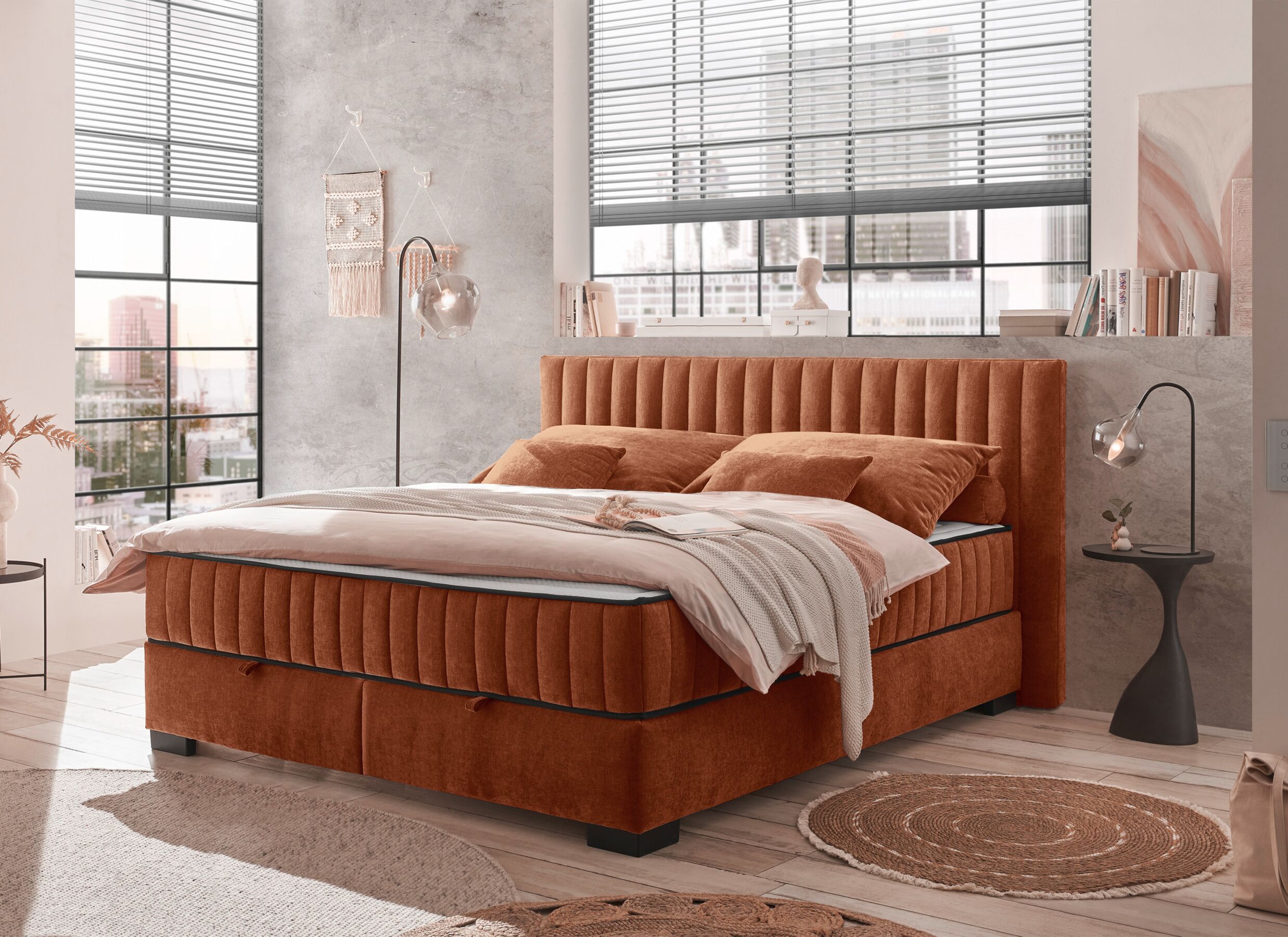 Foto ambiance - Lit box Nagol C 180x200cm - tissu - cognac avec rangement