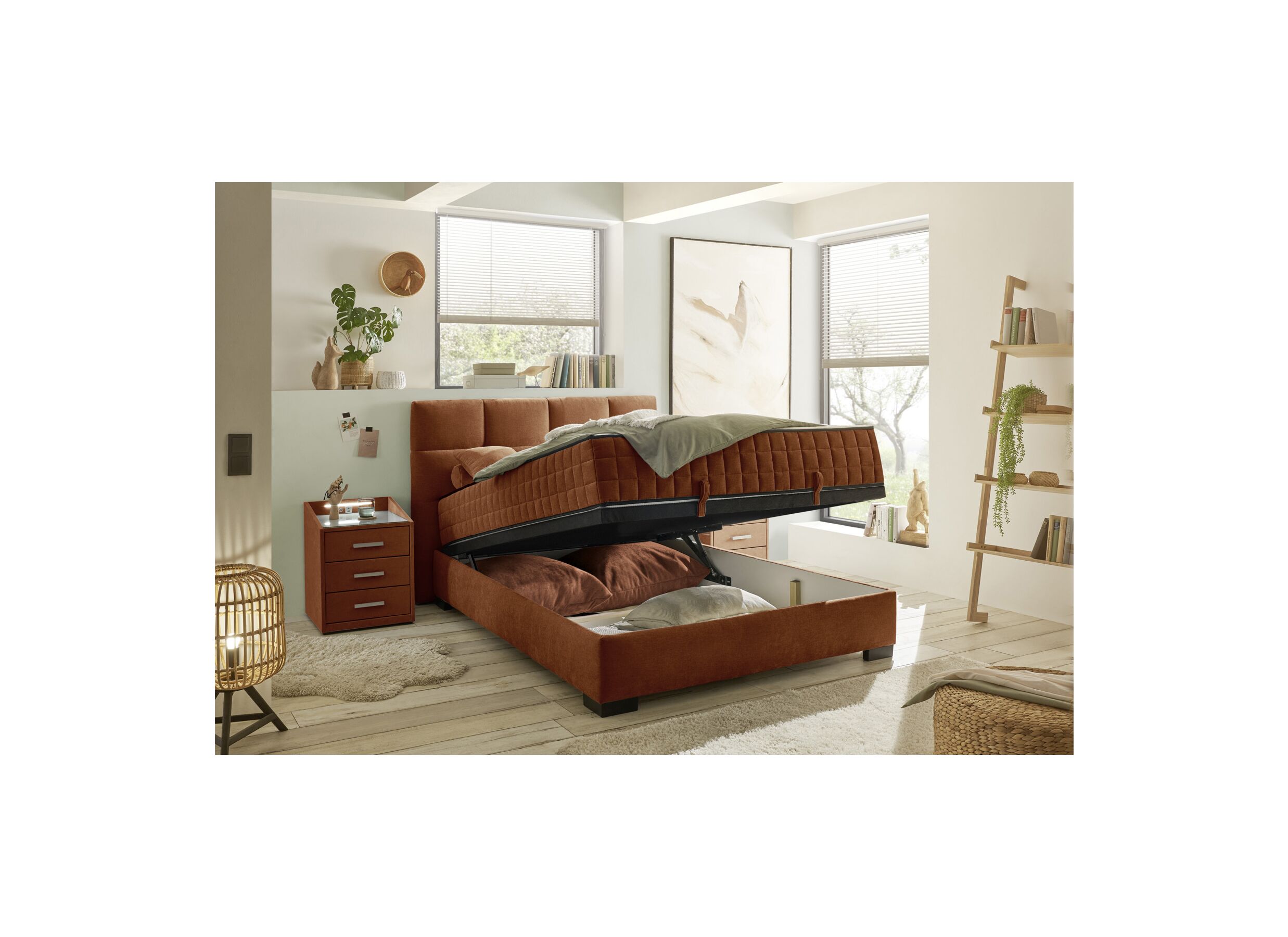 Foto ambiance - Lit box Nagol A 140x200cm avec rangement tissu cognac