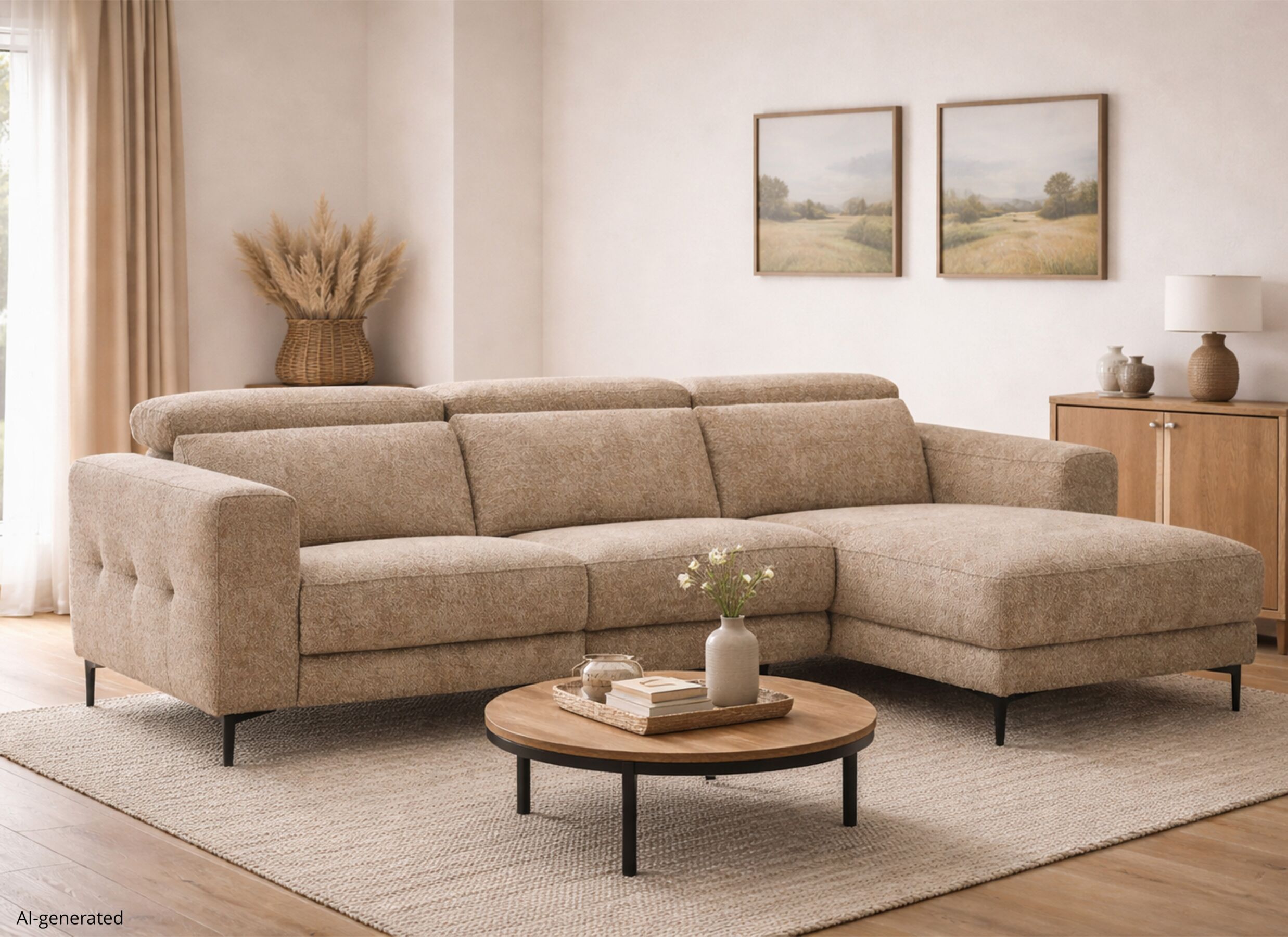 AI Generated - Canapé d'angle Cine 277x168cm - tissu - taupe