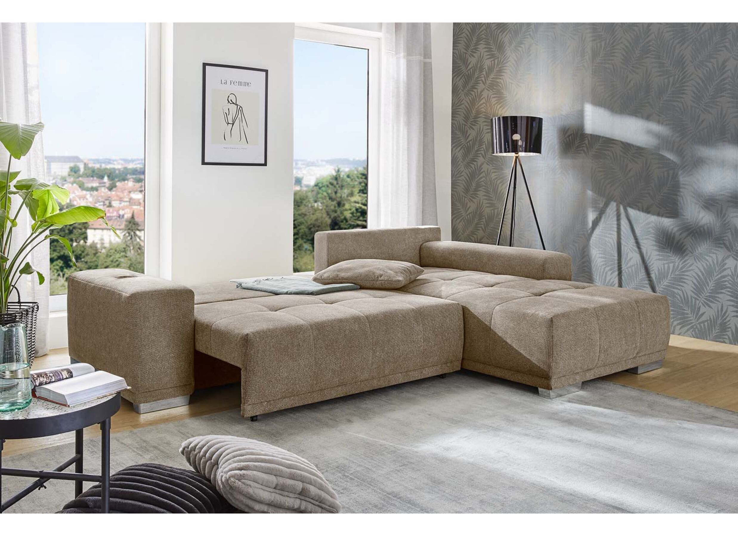 Aperçu - Canapé d'angle Luciano 282x204cm - tissu - brun avec fonction de lit et rangement