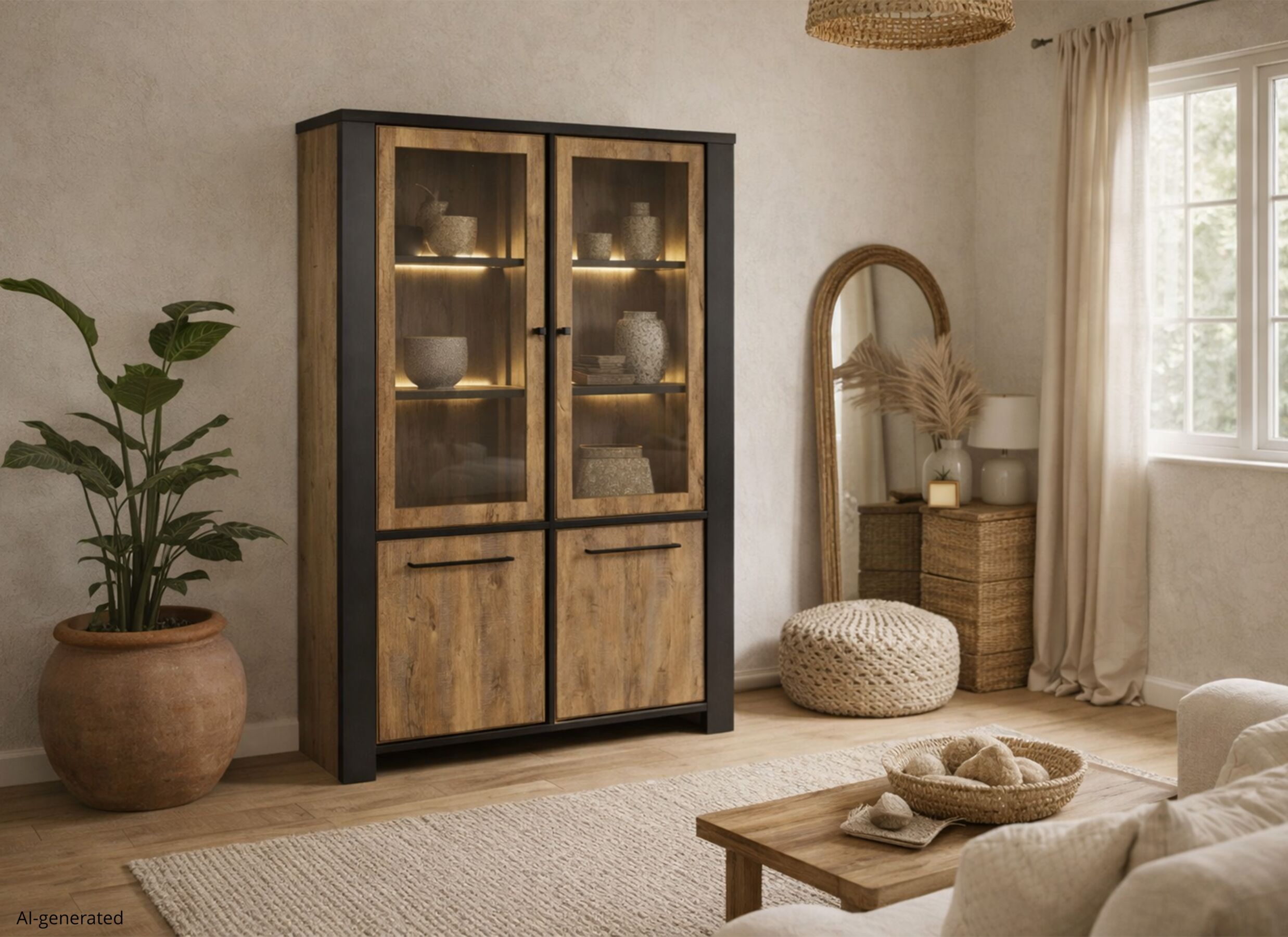 AI Generated - Vitrine Samuel 130cm - décor - chêne denver & noir