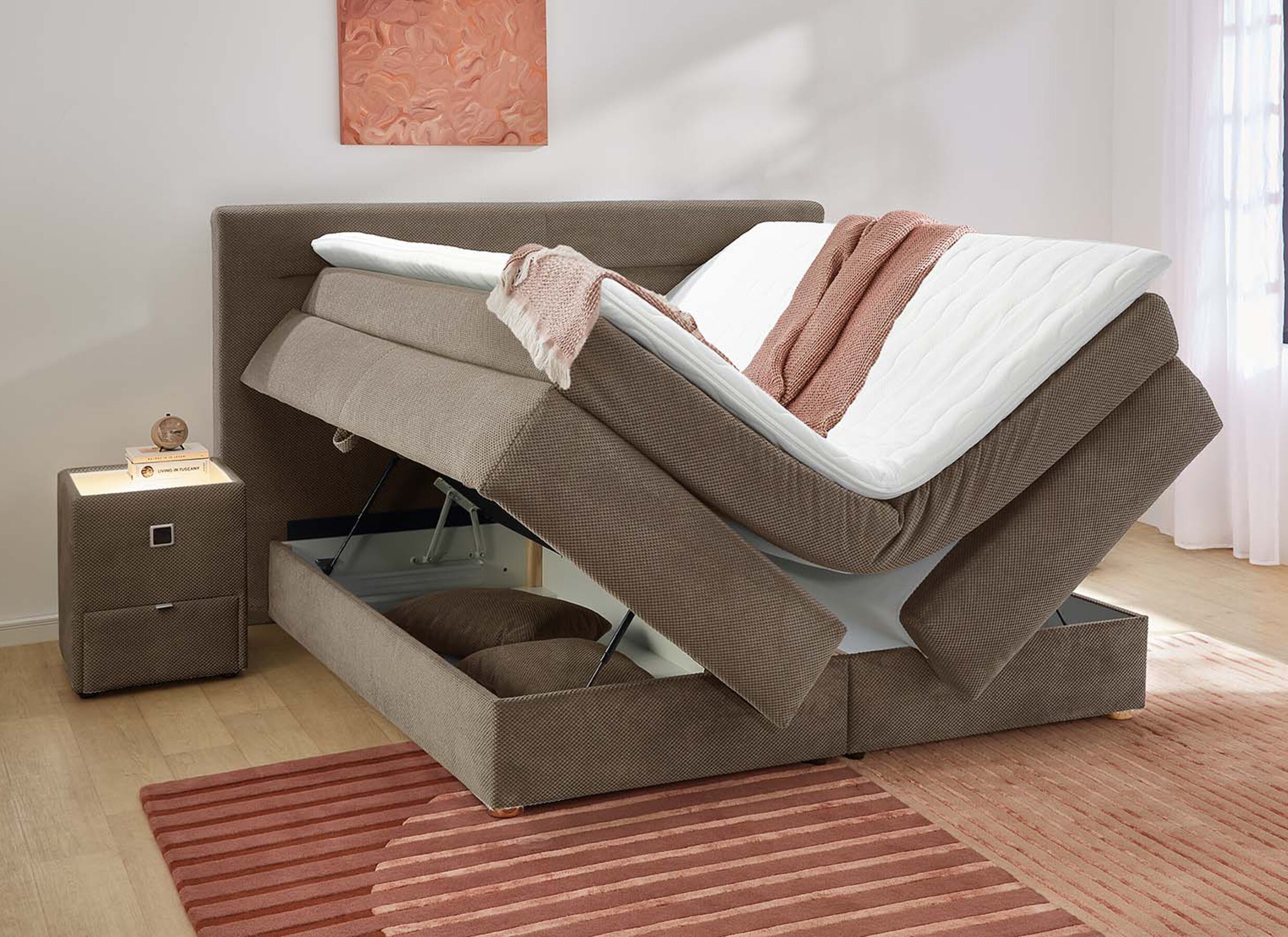 Indeling - Boxspring Simone 160x200cm - stof - bruin met opbergruimte