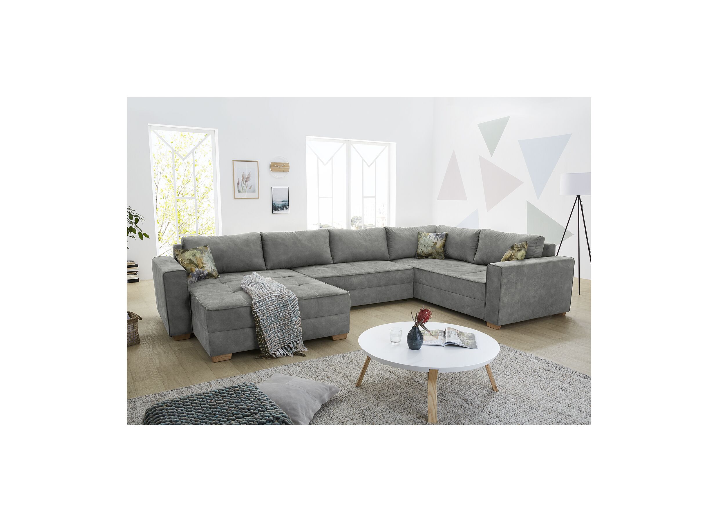 Canapé d'angle Brixen 379x227cm - tissu - gris clair avec fonction lit