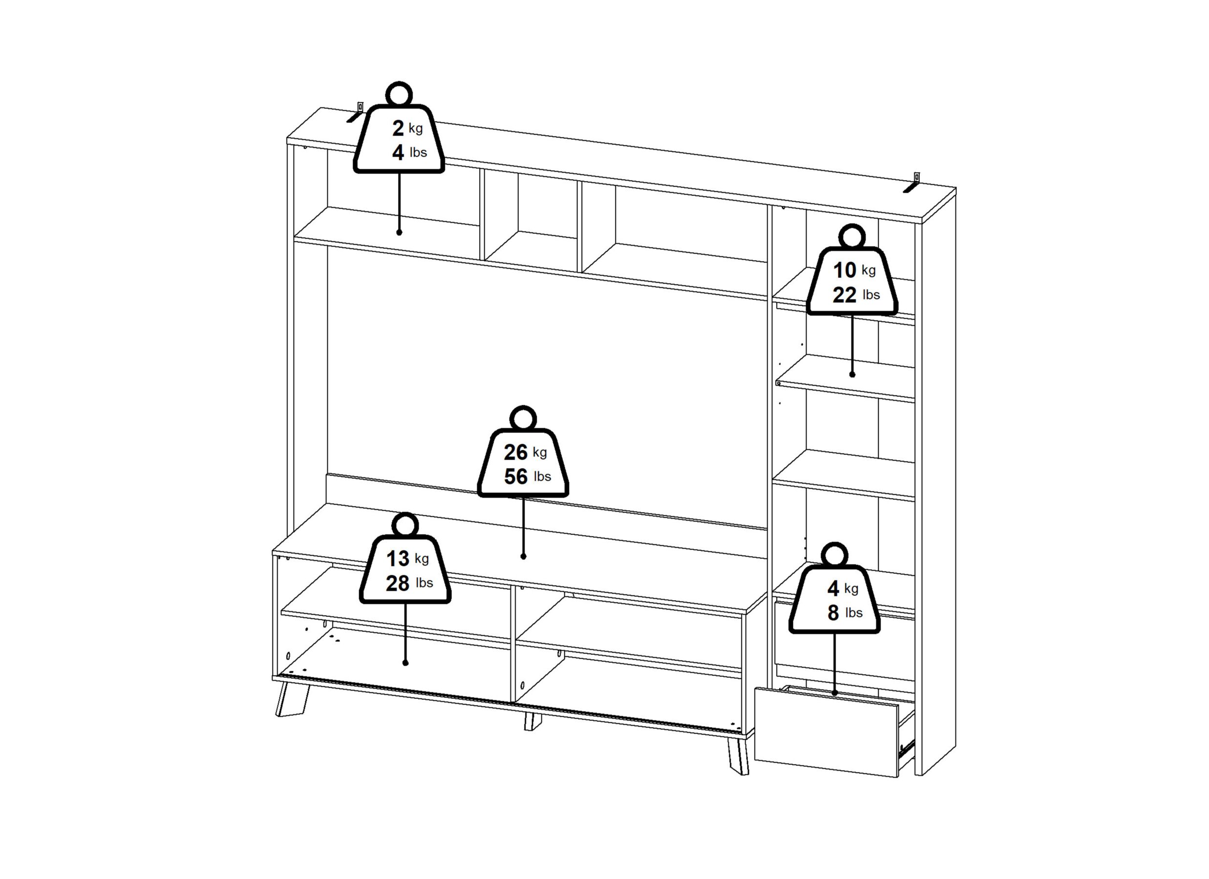 Dimensions - Meuble TV mural Next 209cm - mélamine - blanc brillant & jackson hickory