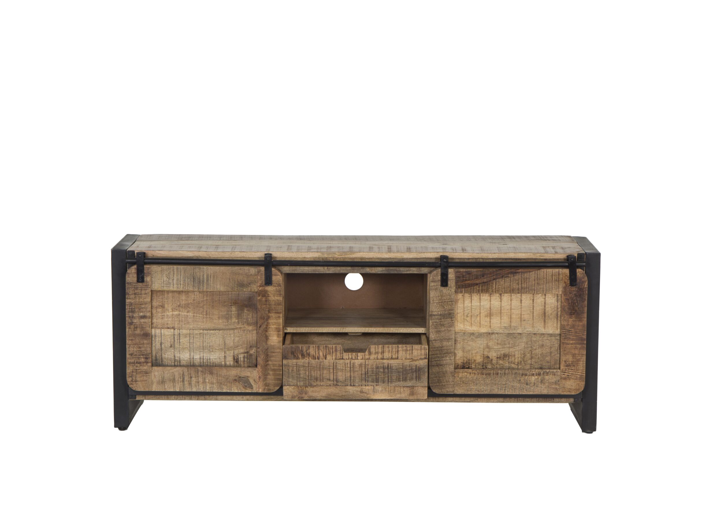 Meuble TV Woodstock 160x45cm - manguier massif & métal - naturel/noir
