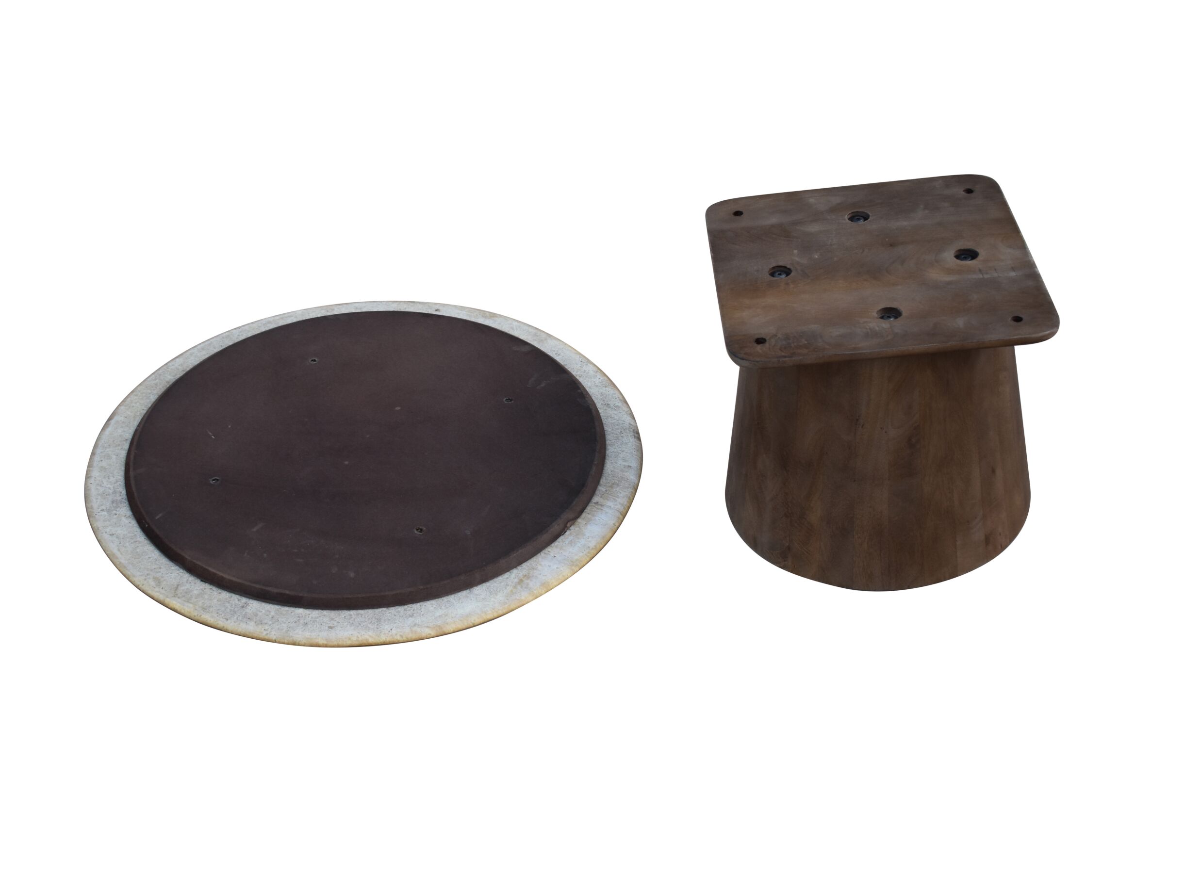 Detail - Table basse Cain Ø75cm - travertin & mangue massif - brun