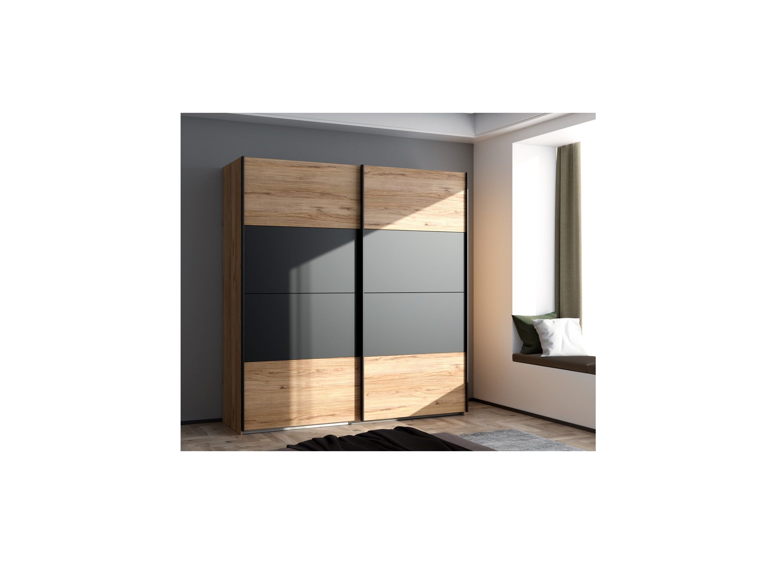 Foto ambiance - Armoire à portes coulissantes Dalate 200cm - décor - chêne châtaignier/noir mat