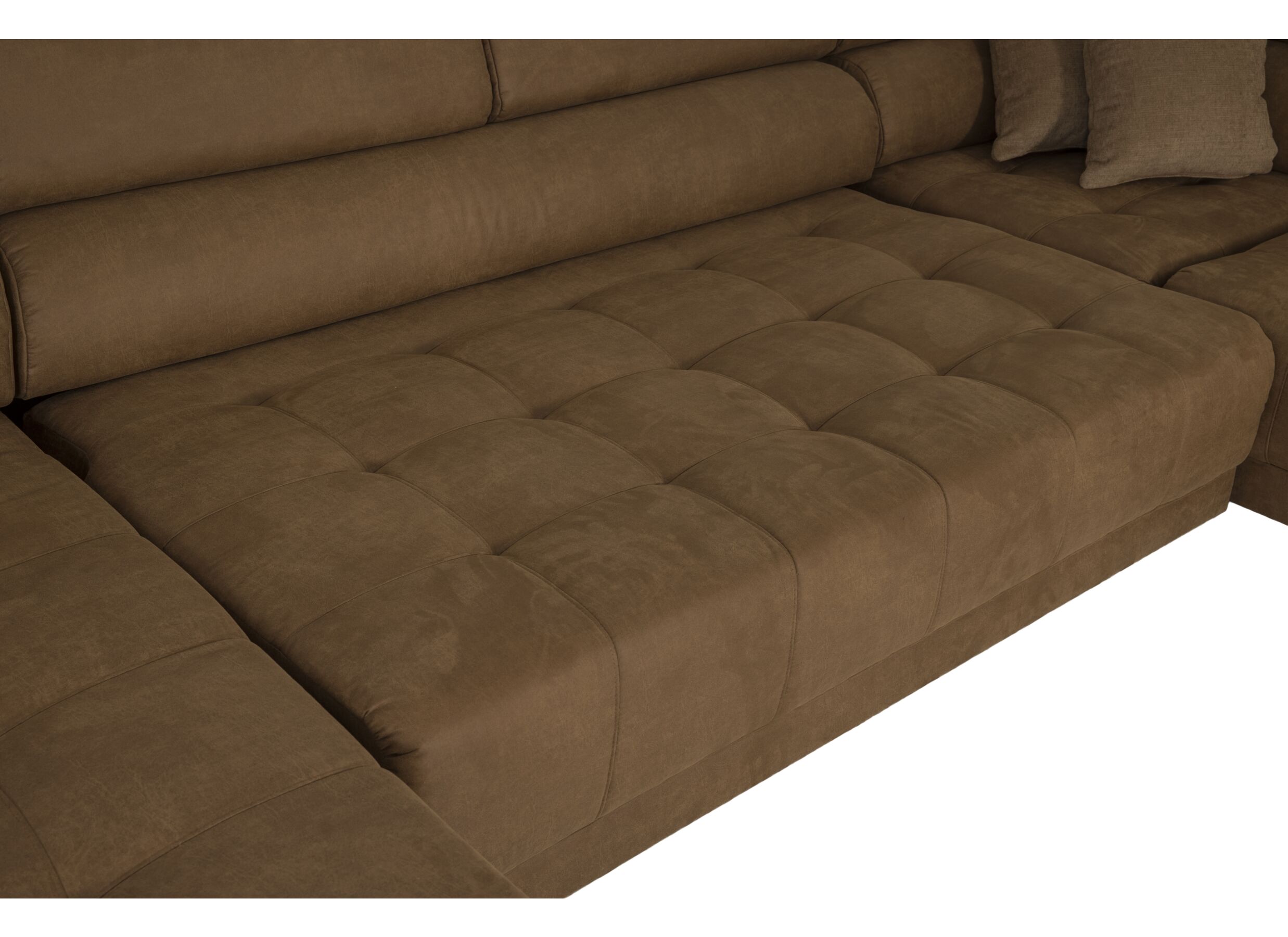 Hoeksalon Rimini 388x224cm - stof - cognac met bedfunctie