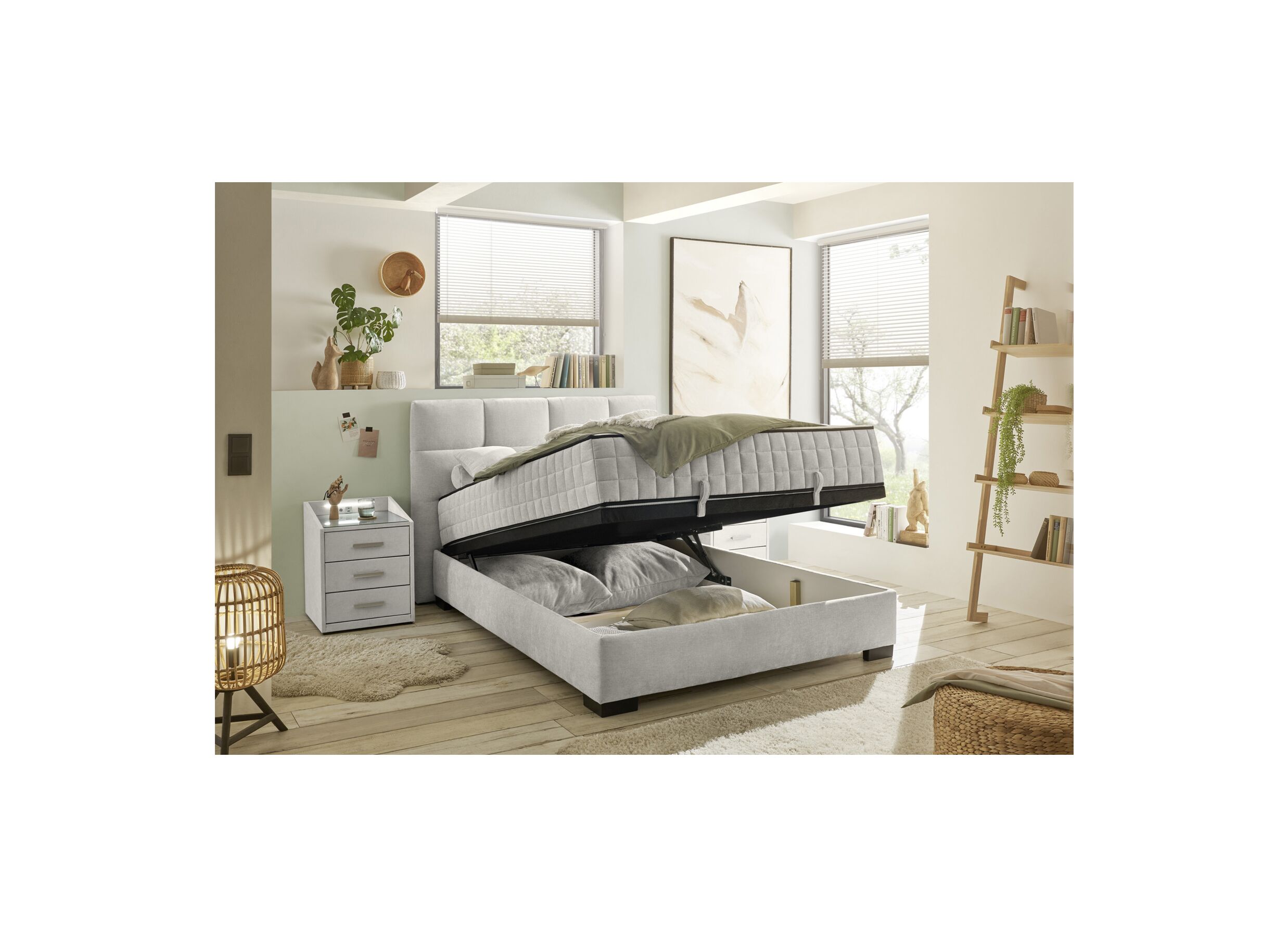 Foto ambiance - Lit box Nagol A 120x200cm - tissu - beige avec rangement