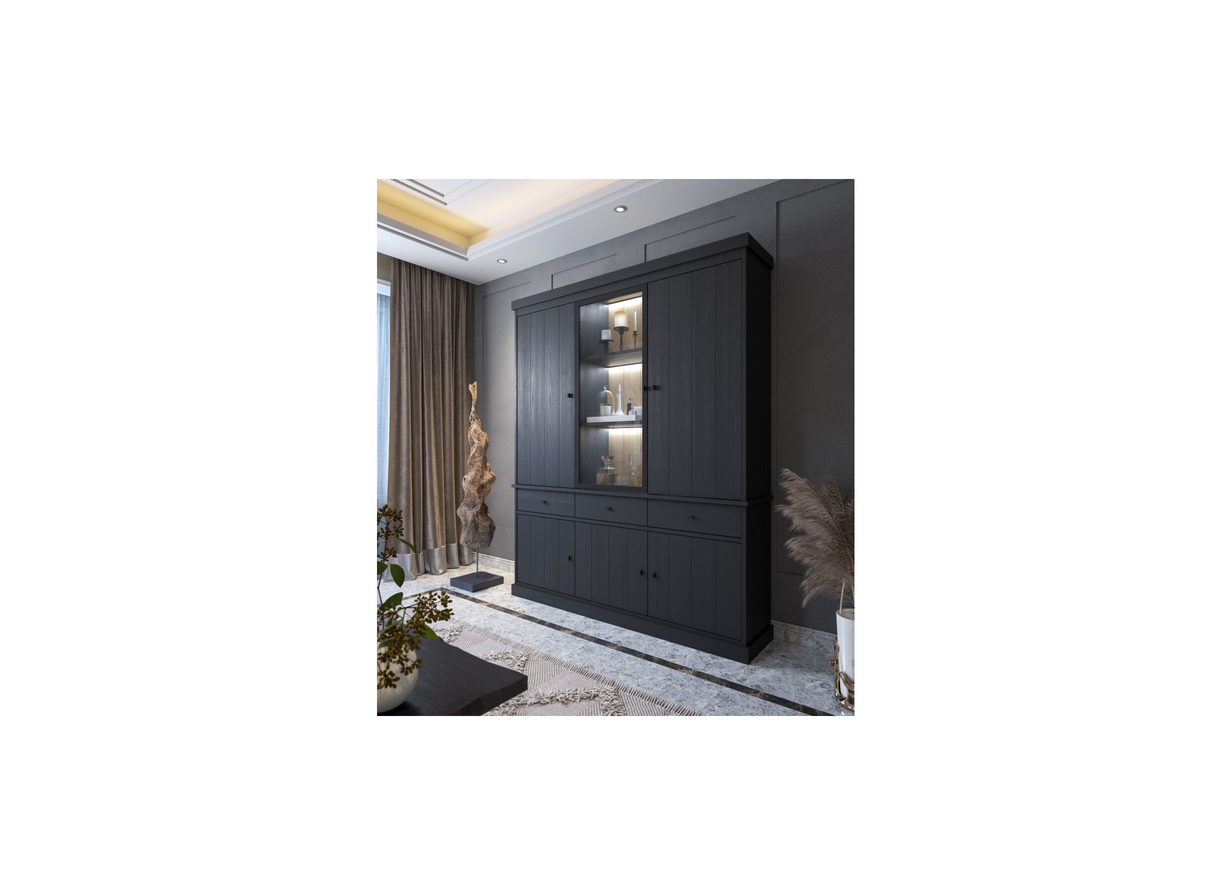 Vitrinekast Valencia 182cm - decor - zwarte eik