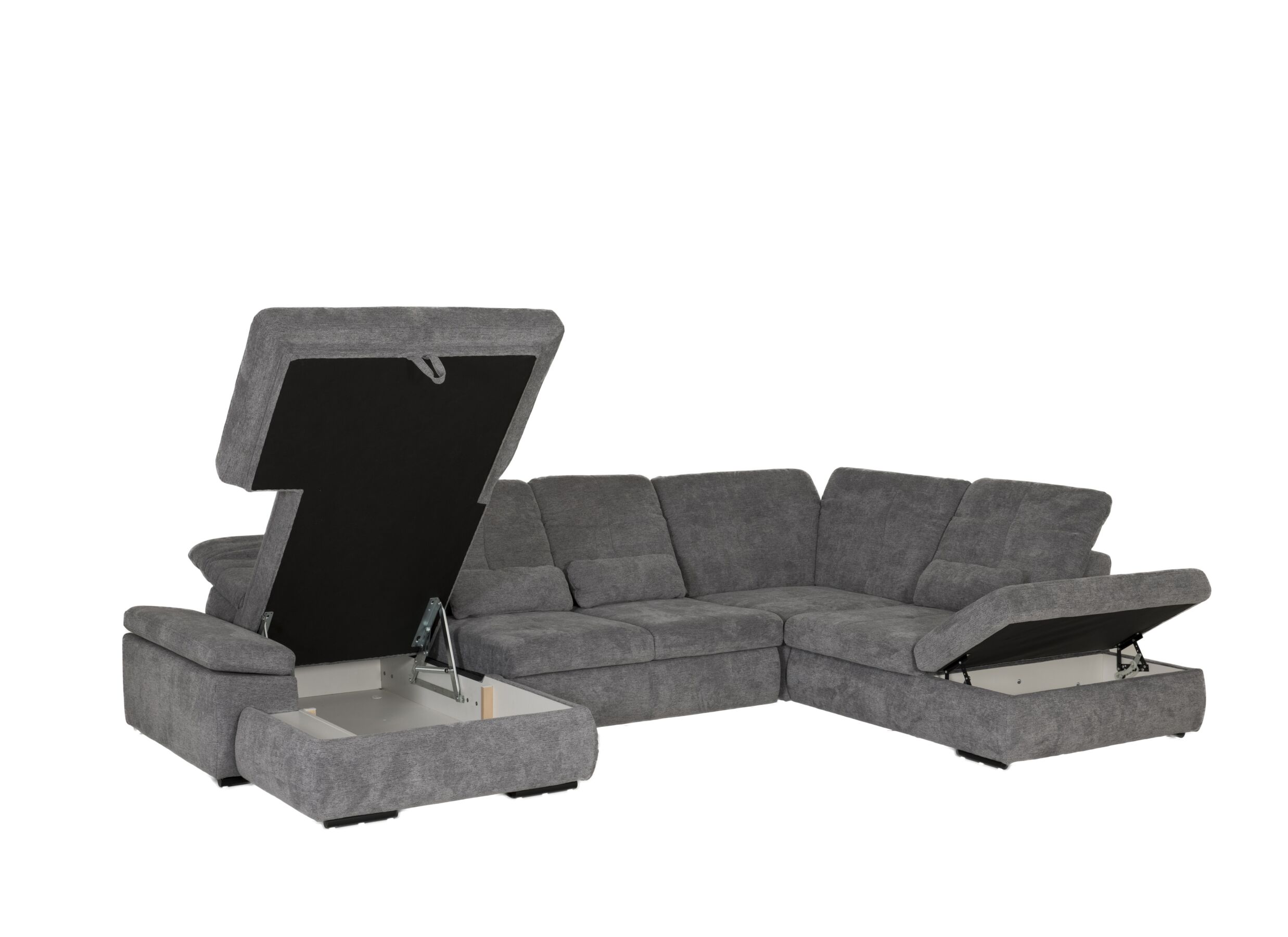 Hoeksalon Artus 371x260cm - stof - grijs met bedfunctie en opbergruimte