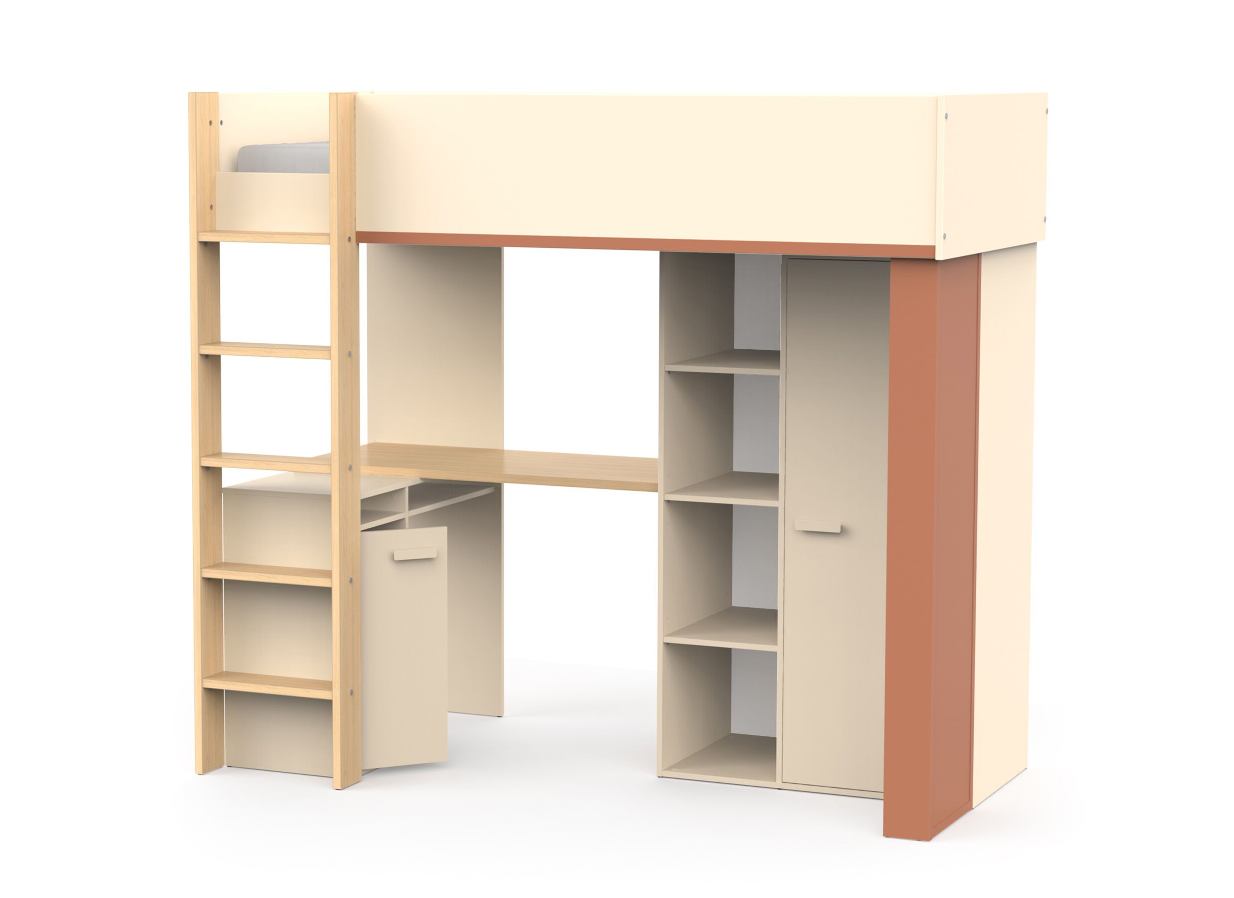 Overzichtsfoto - Hoogslaper Camilia 90x200cm - decor - zand beige met bureau en opbergruimte