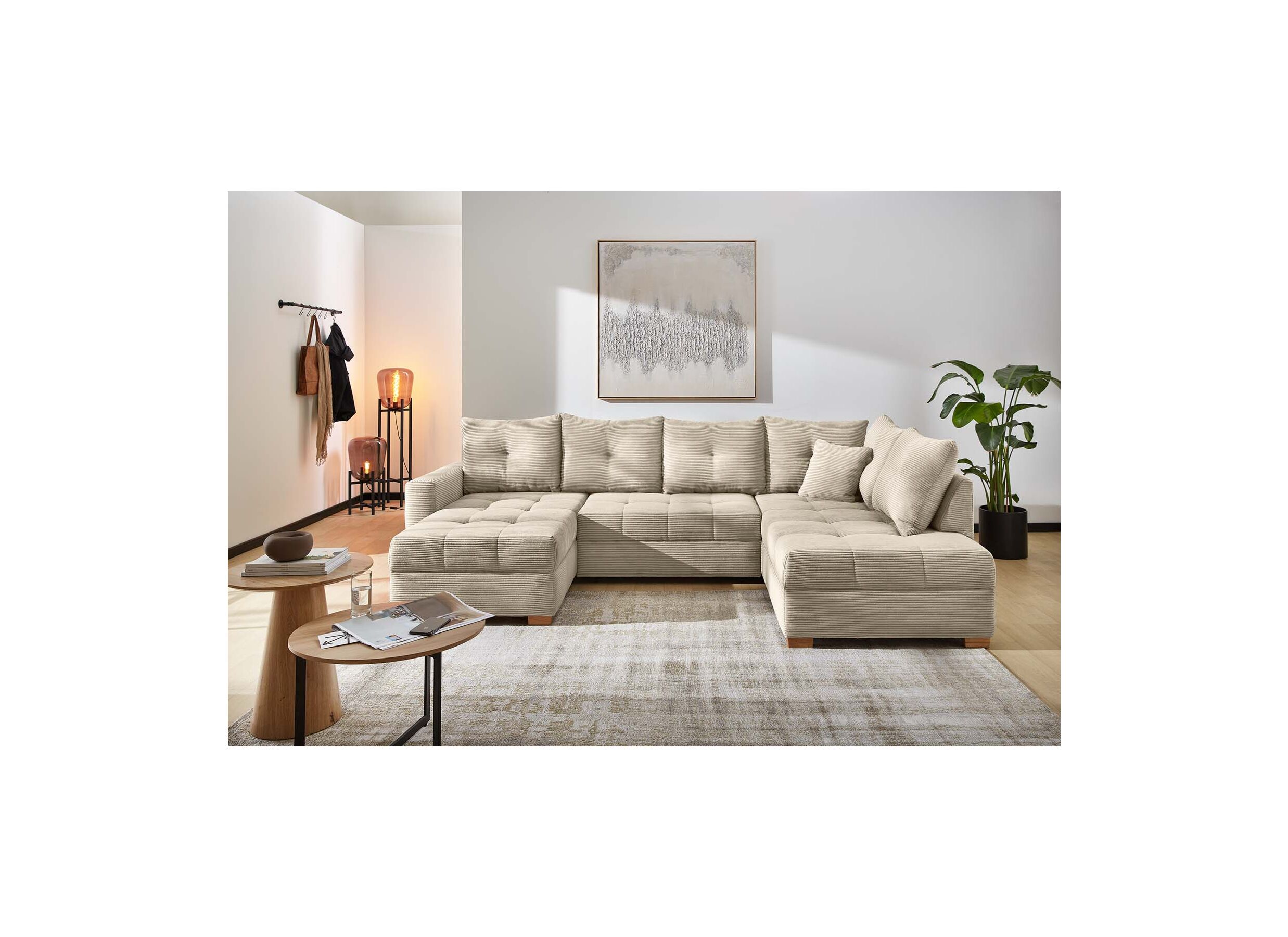 Foto ambiance - Canapé d'angle Abby 311x170cm - tissu - beige avec fonction lit