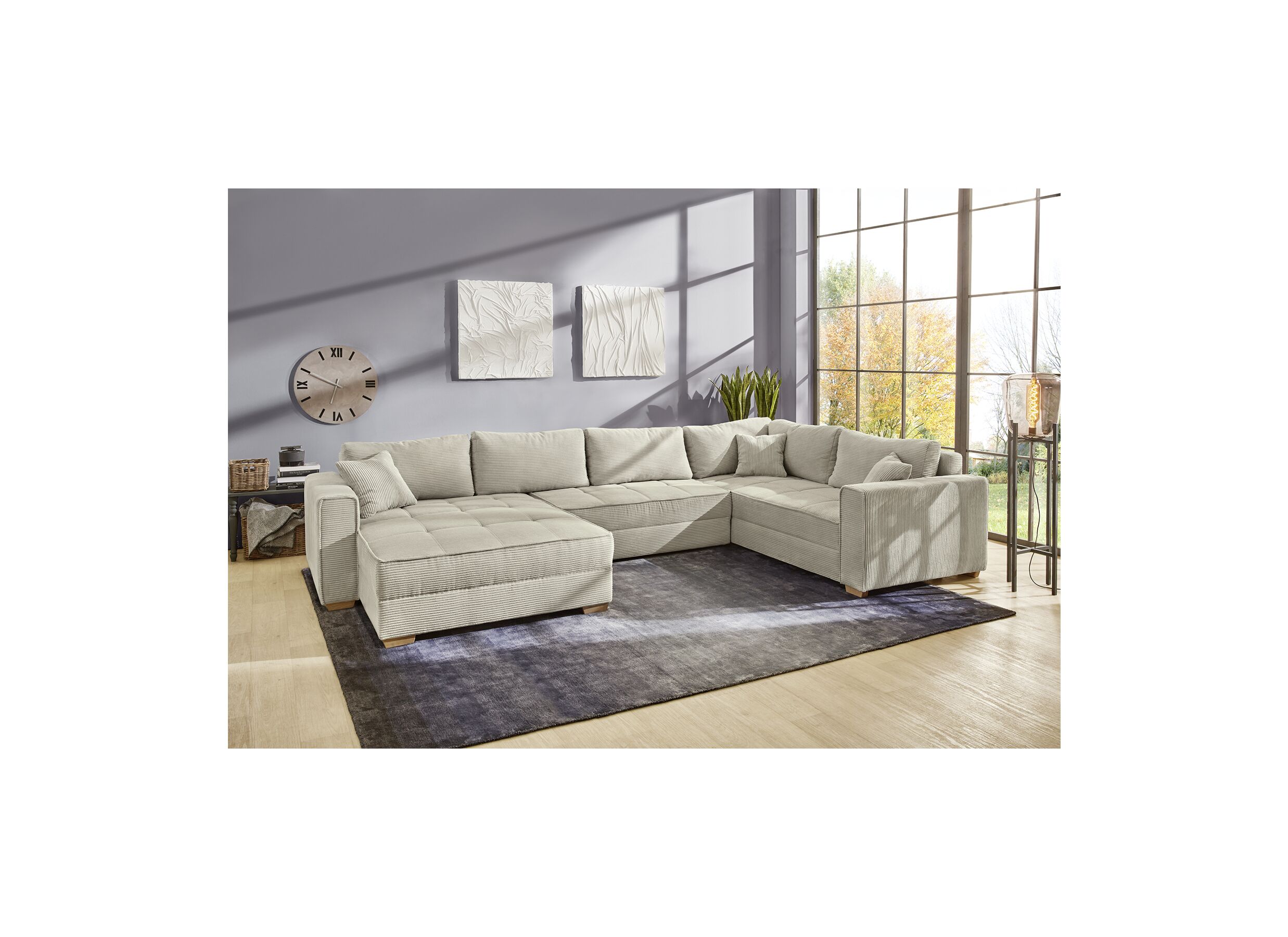Hoeksalon Brixen 379x227cm - ribfluweel - lichtgrijs met bedfunctie