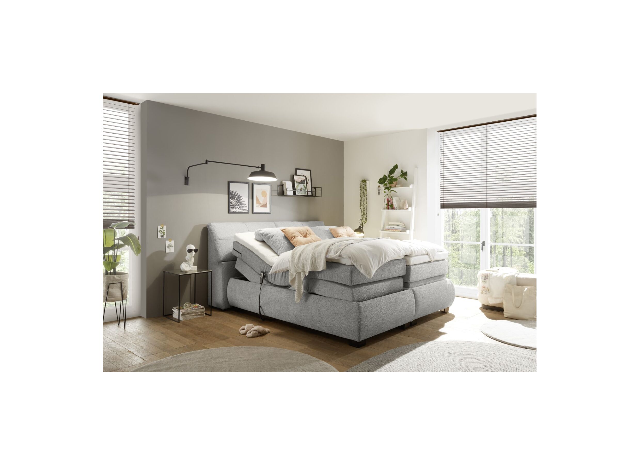 Foto ambiance - Boxspring Reynosa 180x200cm avec rangement/électrique tissu argent