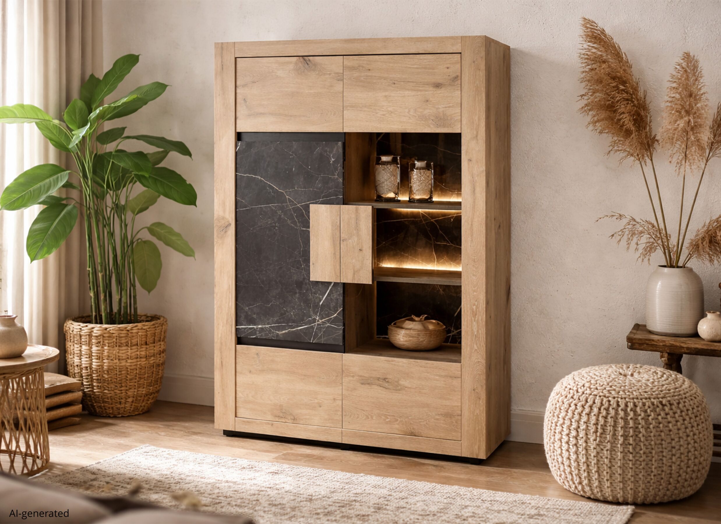 AI Generated - Vitrine Sacha 120cm - mélamine - canyon oak & marble