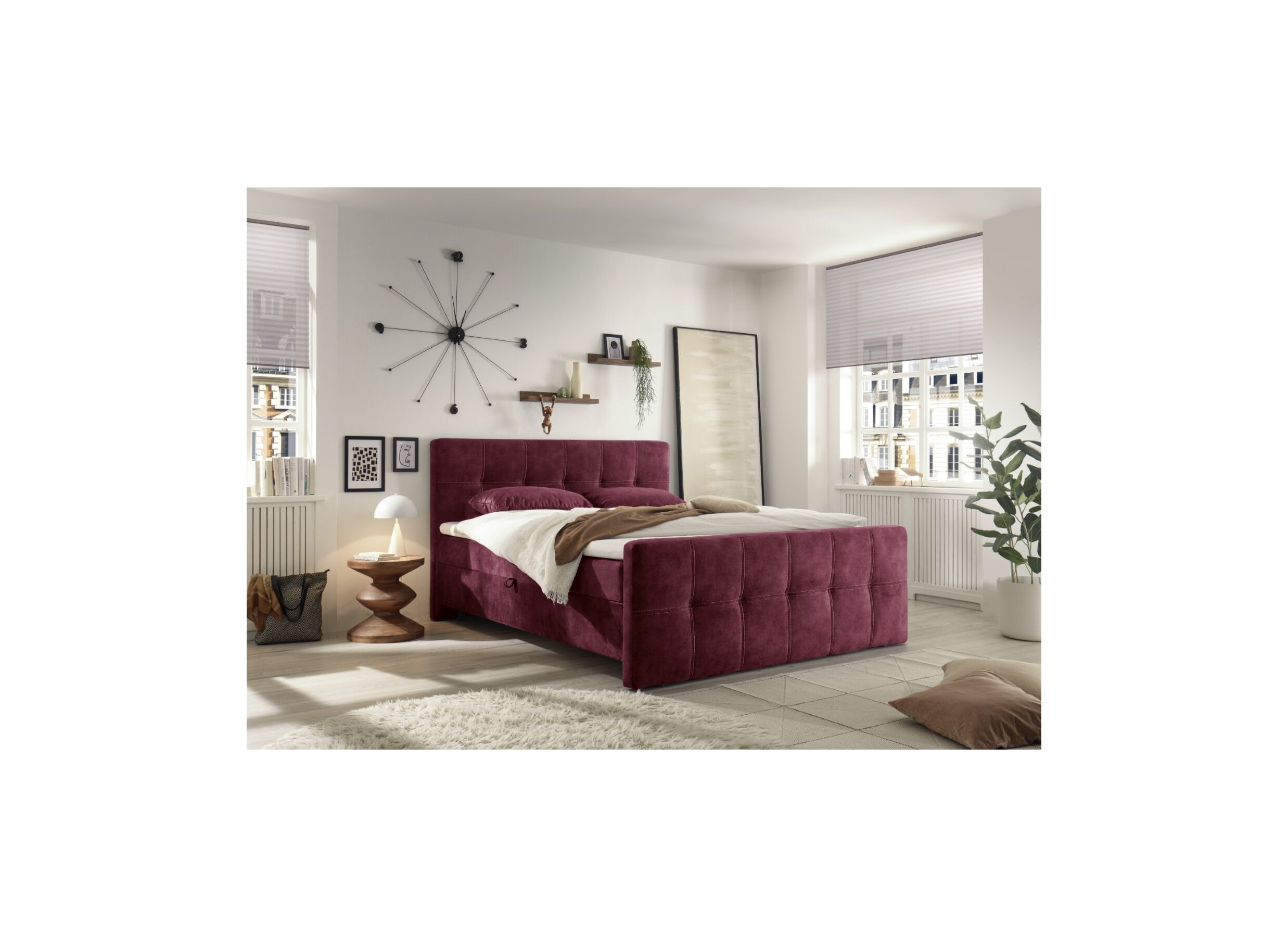 Foto ambiance - Lit box Valetta 180x200cm avec rangement tissu bordeaux
