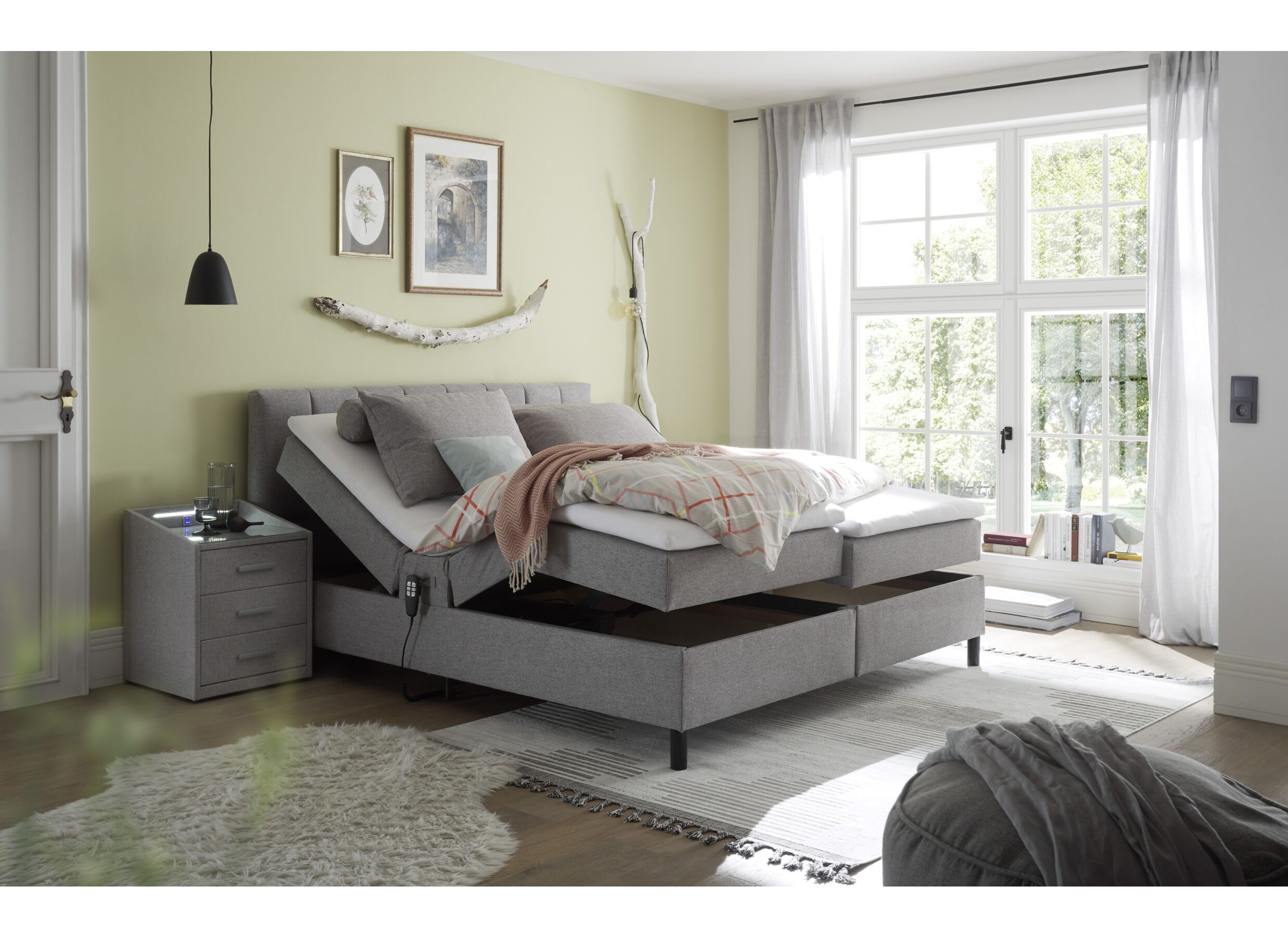 Lit box Miralindo 160x200cm électrique tissu nordic ash