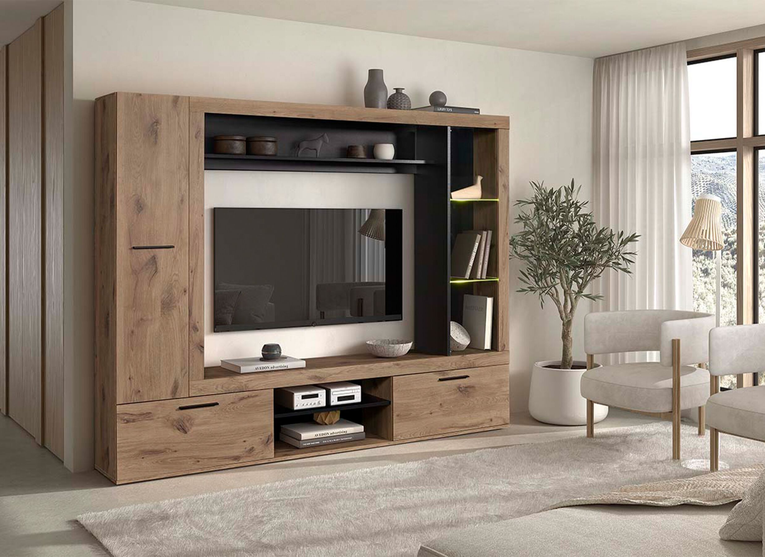 Sfeerfoto - Tv-wandmeubel Vigor 216cm - decor - canyon oak & zwart