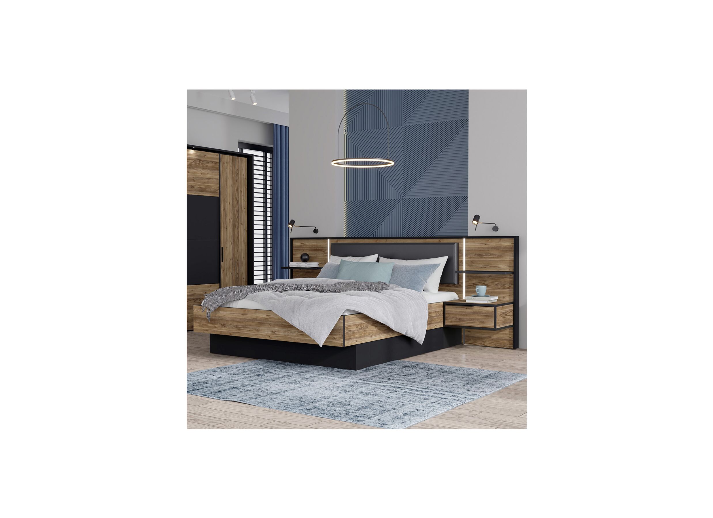 Lit Jabim 180x200cm - panneau décor - alpine picea/noir