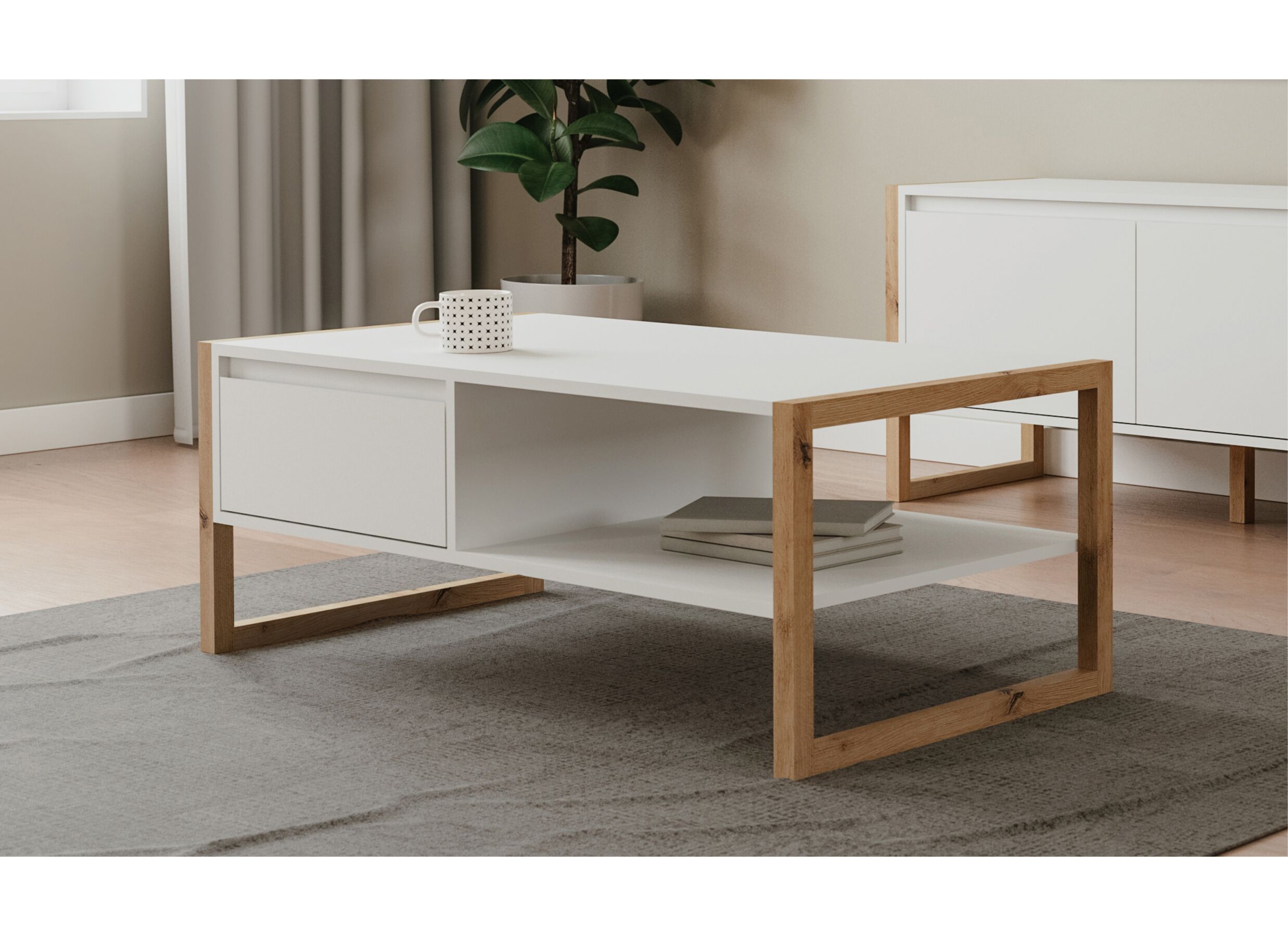 Sfeerfoto - Salontafel Denver 100x40x55cm - decor - wit & artisanale eik