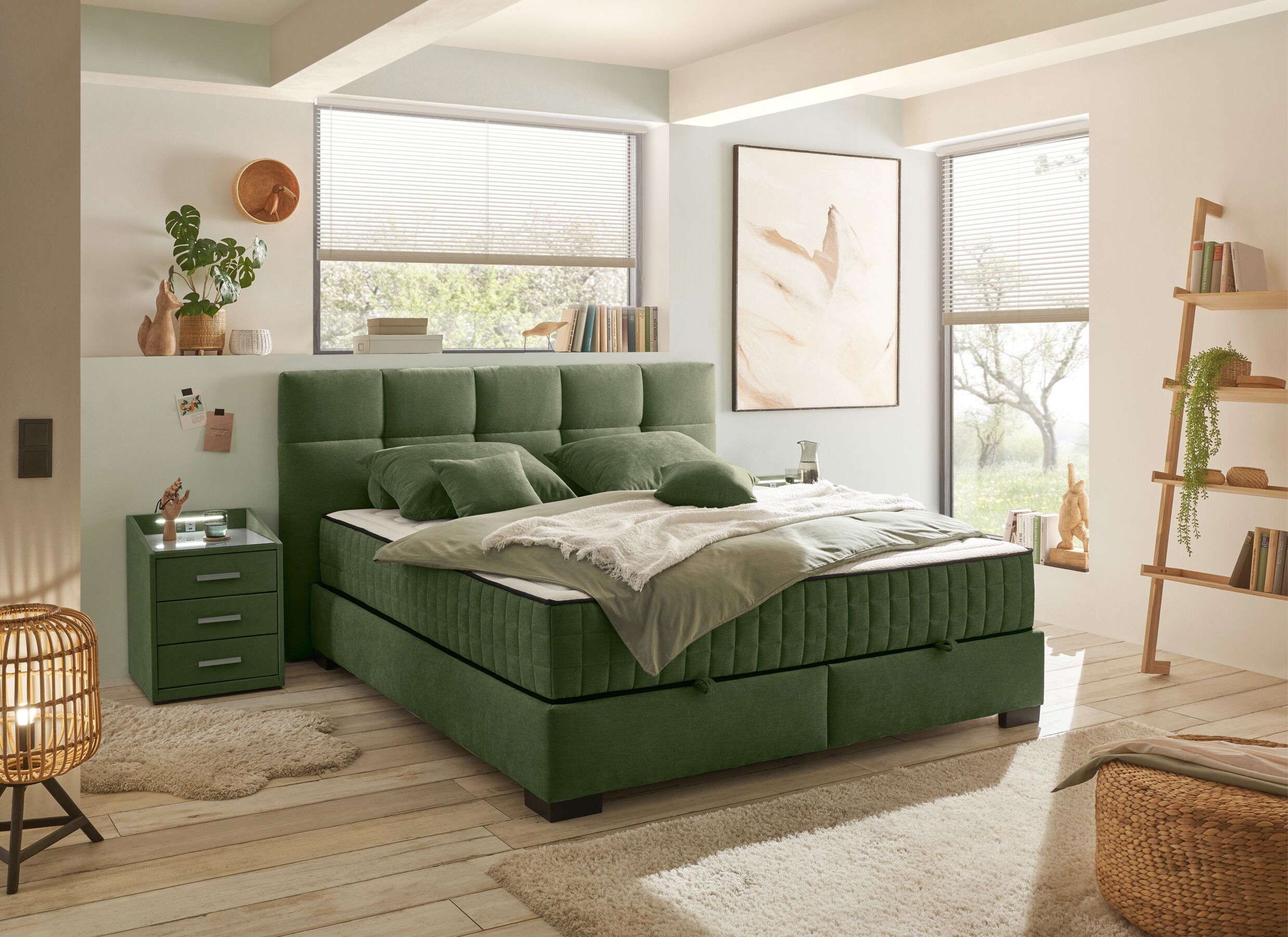 Foto ambiance - Lit box Nagol A 160x200cm - tissu - vert avec rangement