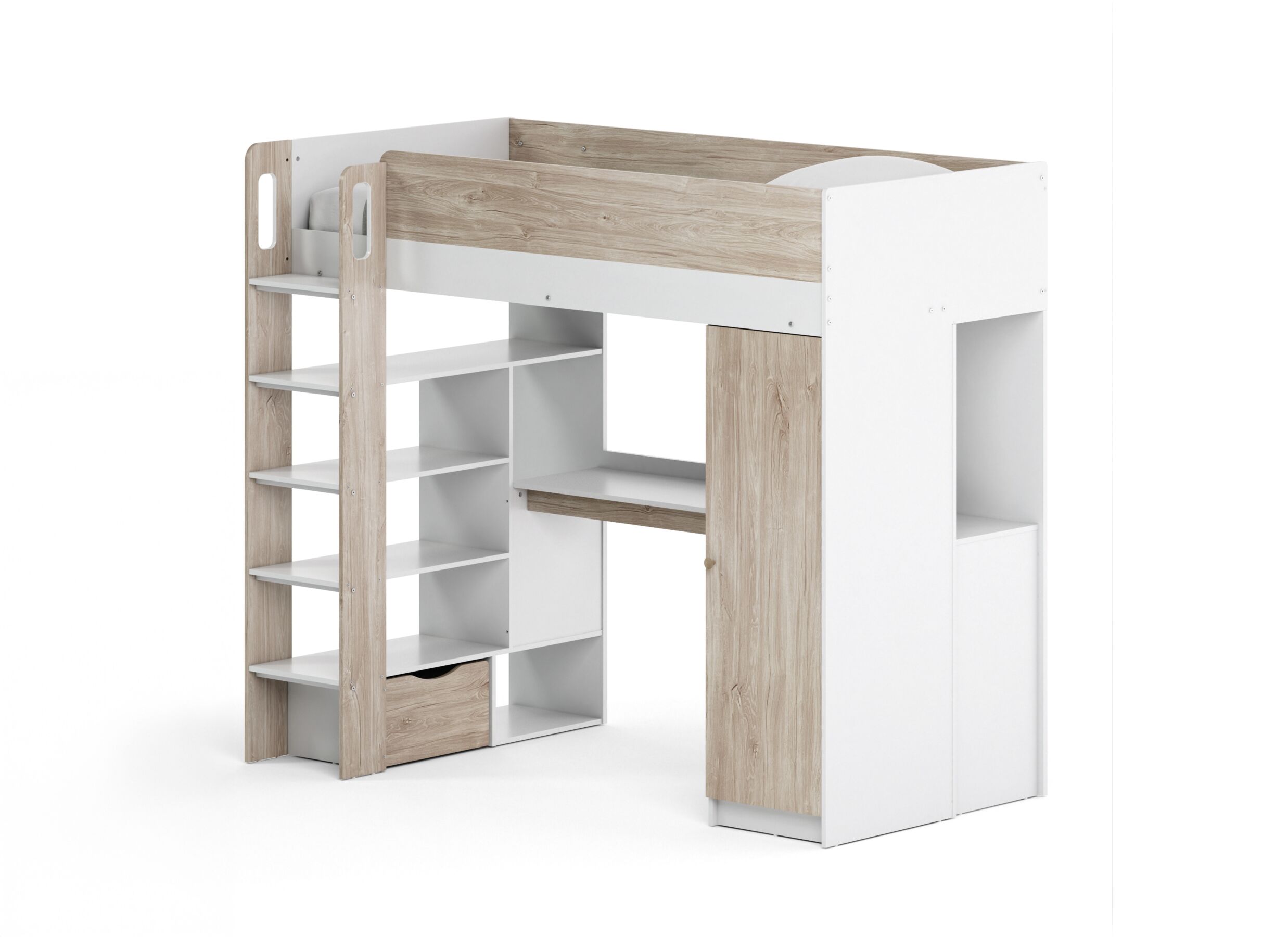 Hoogslaper Evora 90x200cm - decor - ivory oak & wit met bureau en opbergruimte - Lit mezzanine Evora 90x200cm - décor - ivory oak & wit avec bureau et rangement
