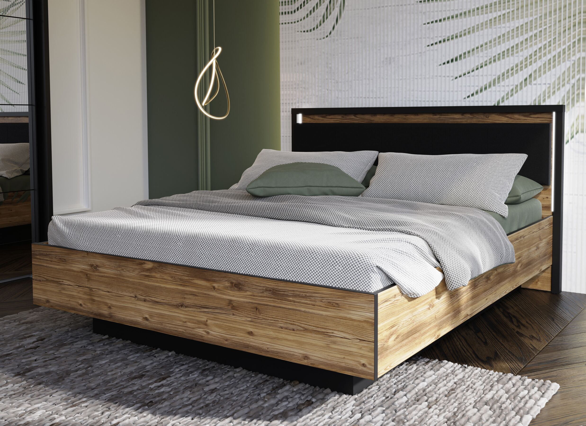 Foto ambiance - Lit Hayato 160x200cm - décor - brun & noir avec rangement