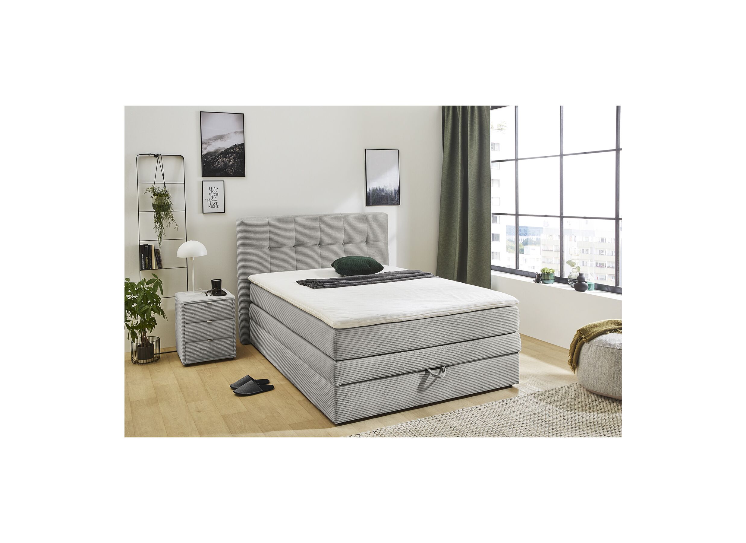 Sfeerfoto - Boxspring Amy 140x200cm met opbergruimte stof lichtgrijs