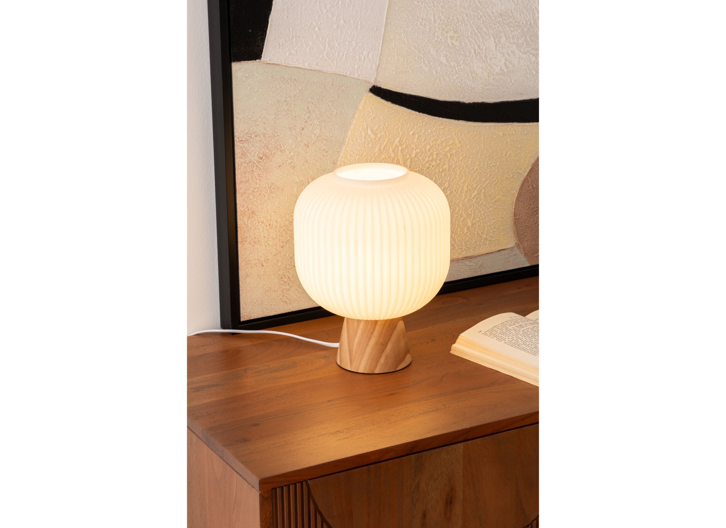 Foto ambiance - Lampe de table Travis Ø20xH25cm - verre & bois de pin - blanc & naturel