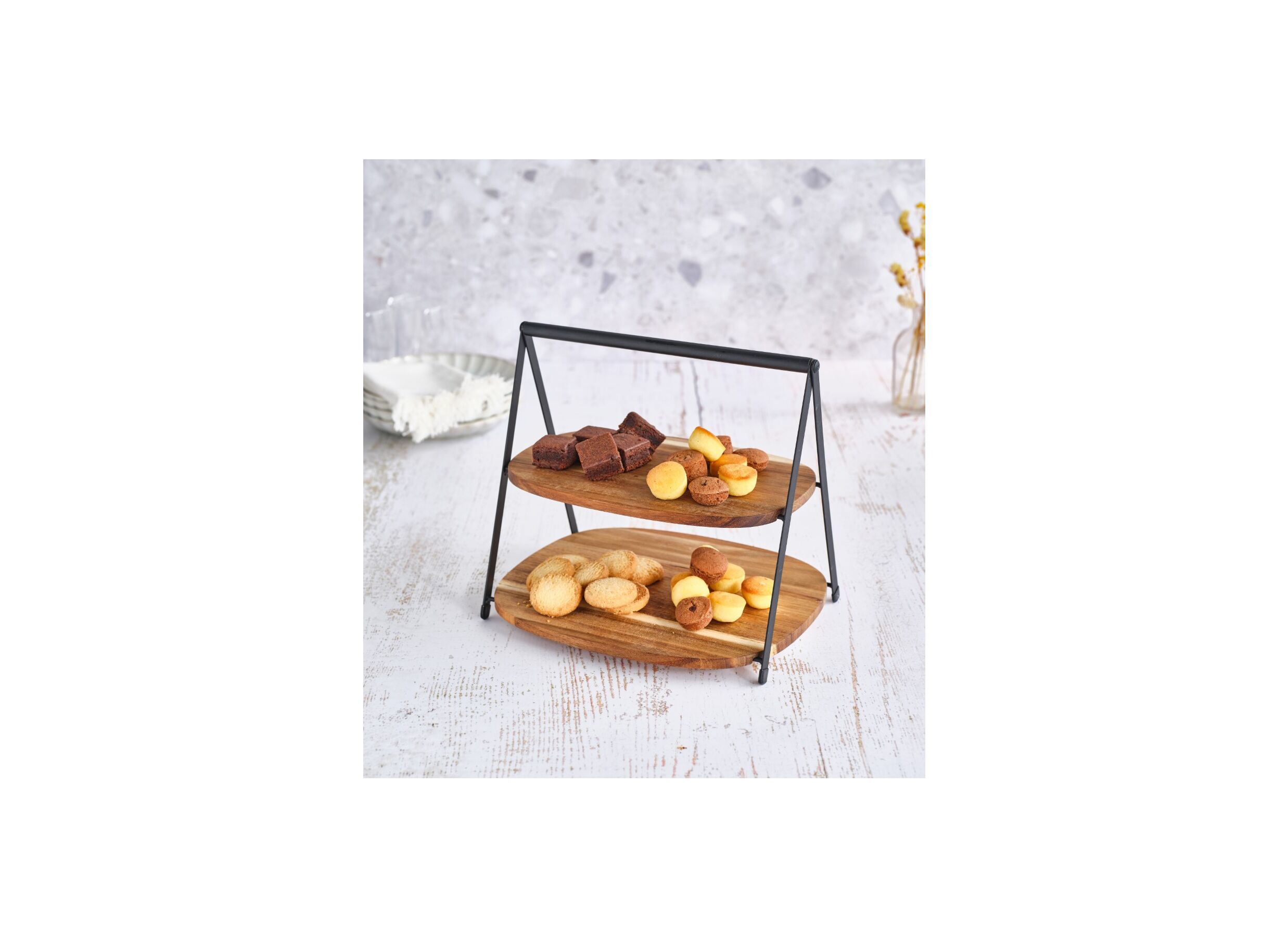 Foto ambiance - Étagère 2 niveaux 28,5x25,5cm - bois d'acacia - noir/brun