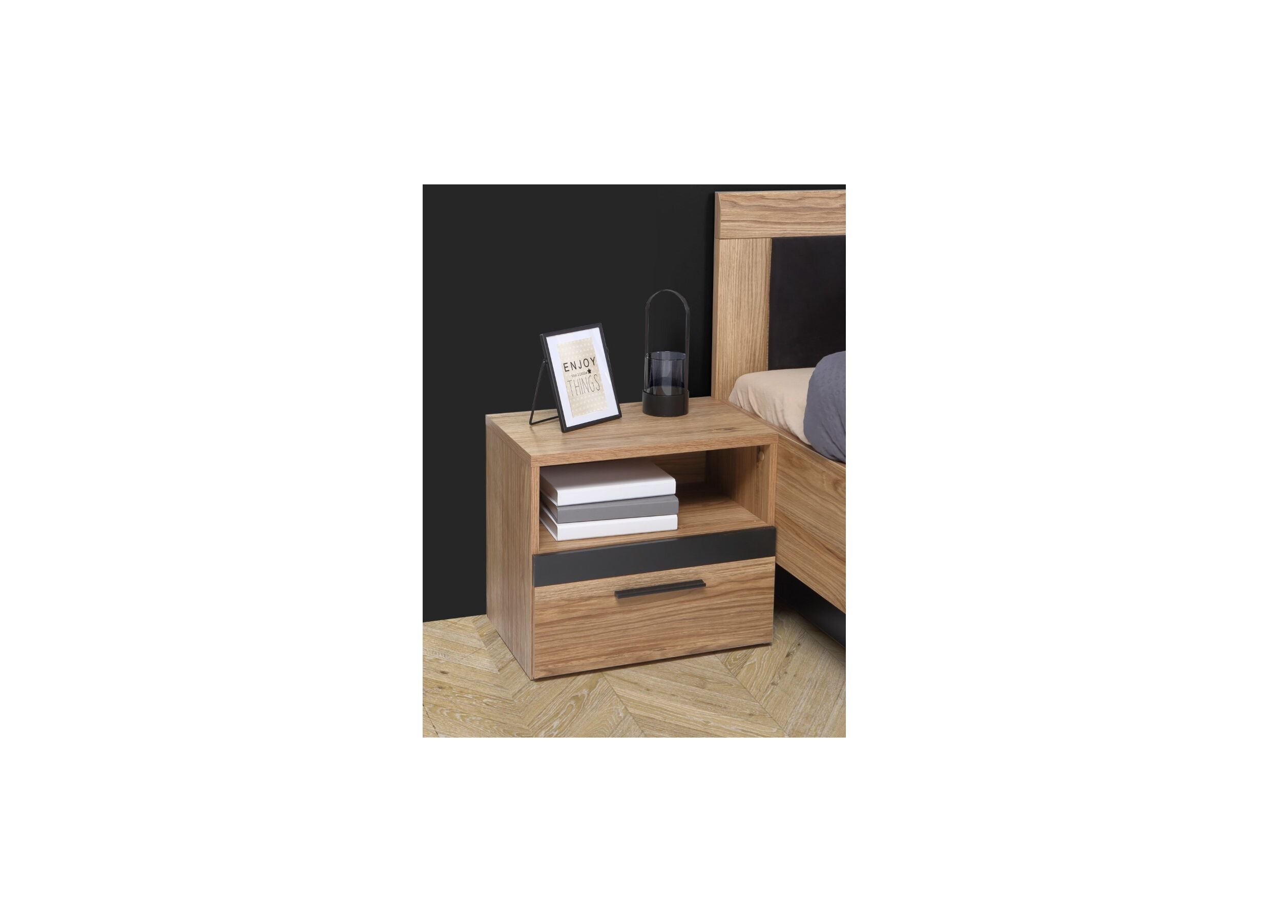 Foto ambiance - Table de chevet Dalate 50,2x33,8x45,2cm - panneau décor - chêne châtaignier/noir mat