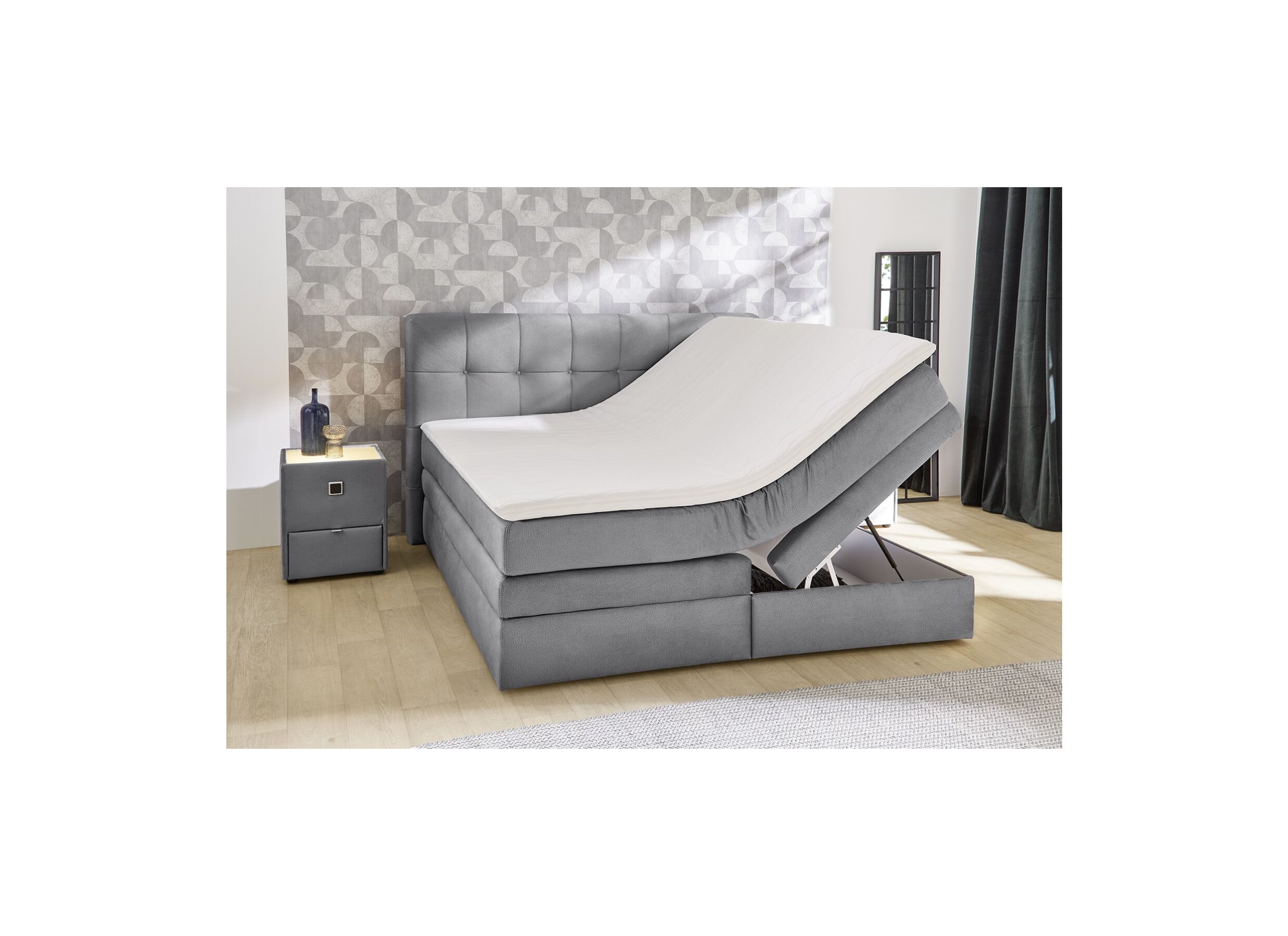Foto ambiance - Boxspring Amy 180x200cm - tissu - gris avec rangement