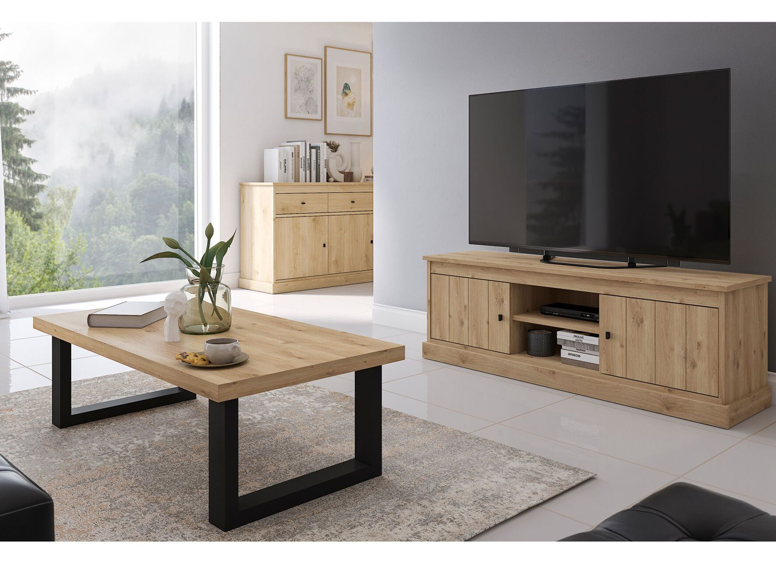 Foto ambiance - Table basse Valencia 130x65x41cm mélamine chêne clair