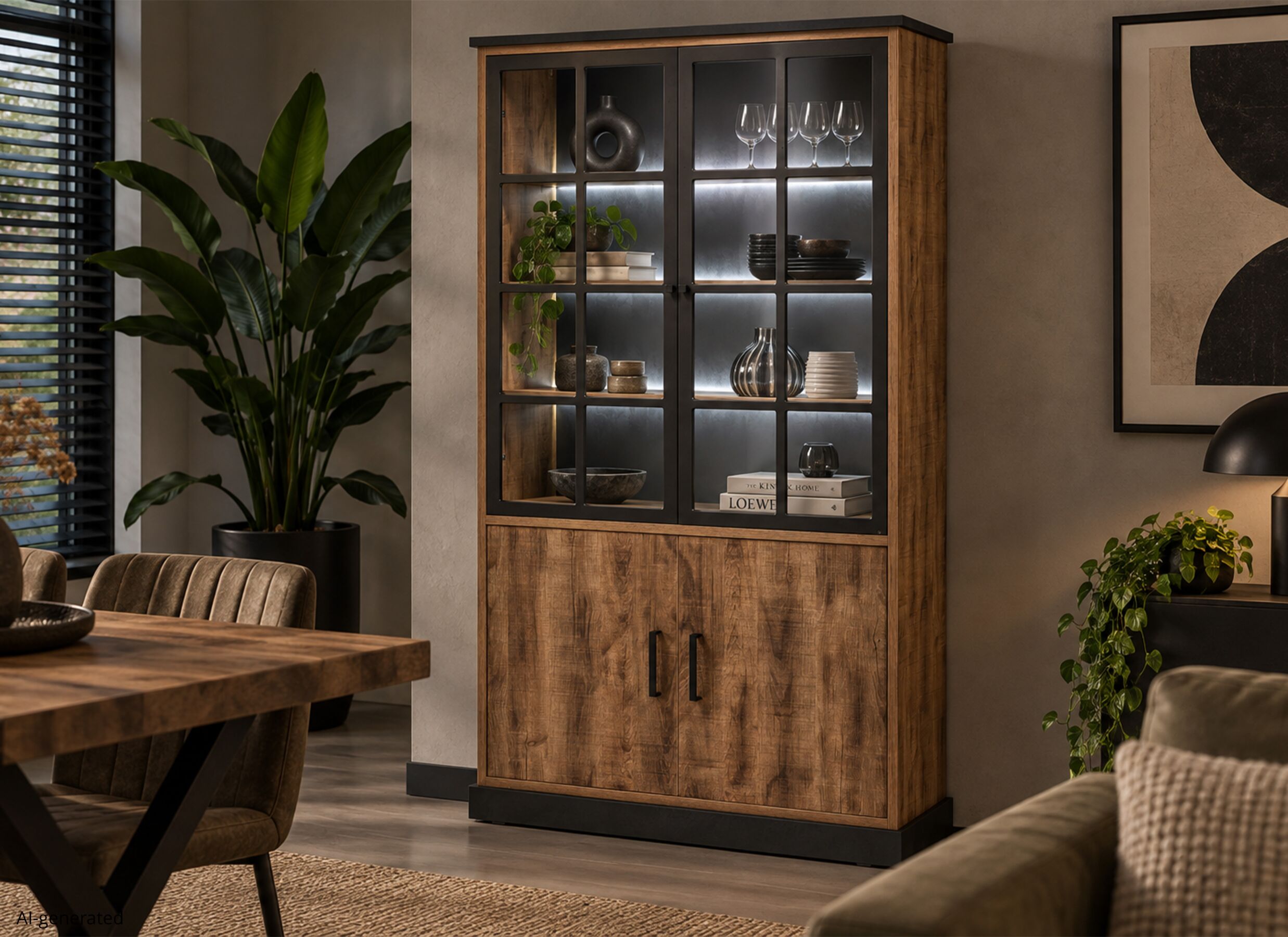 AI Generated - Vitrinekast 120cm - decor - bruin & zwart