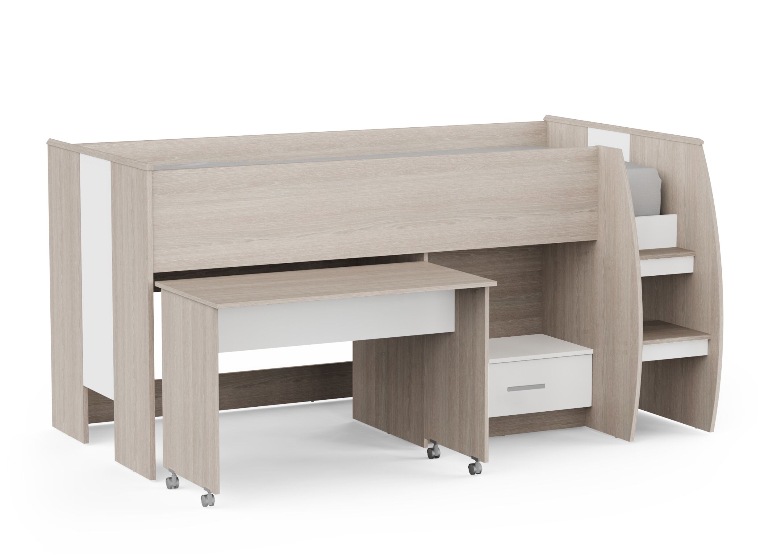 Plus Important - Lit mi-hauteur avec bureau Nano 90x200cm - décor - chêne shannon & blanc