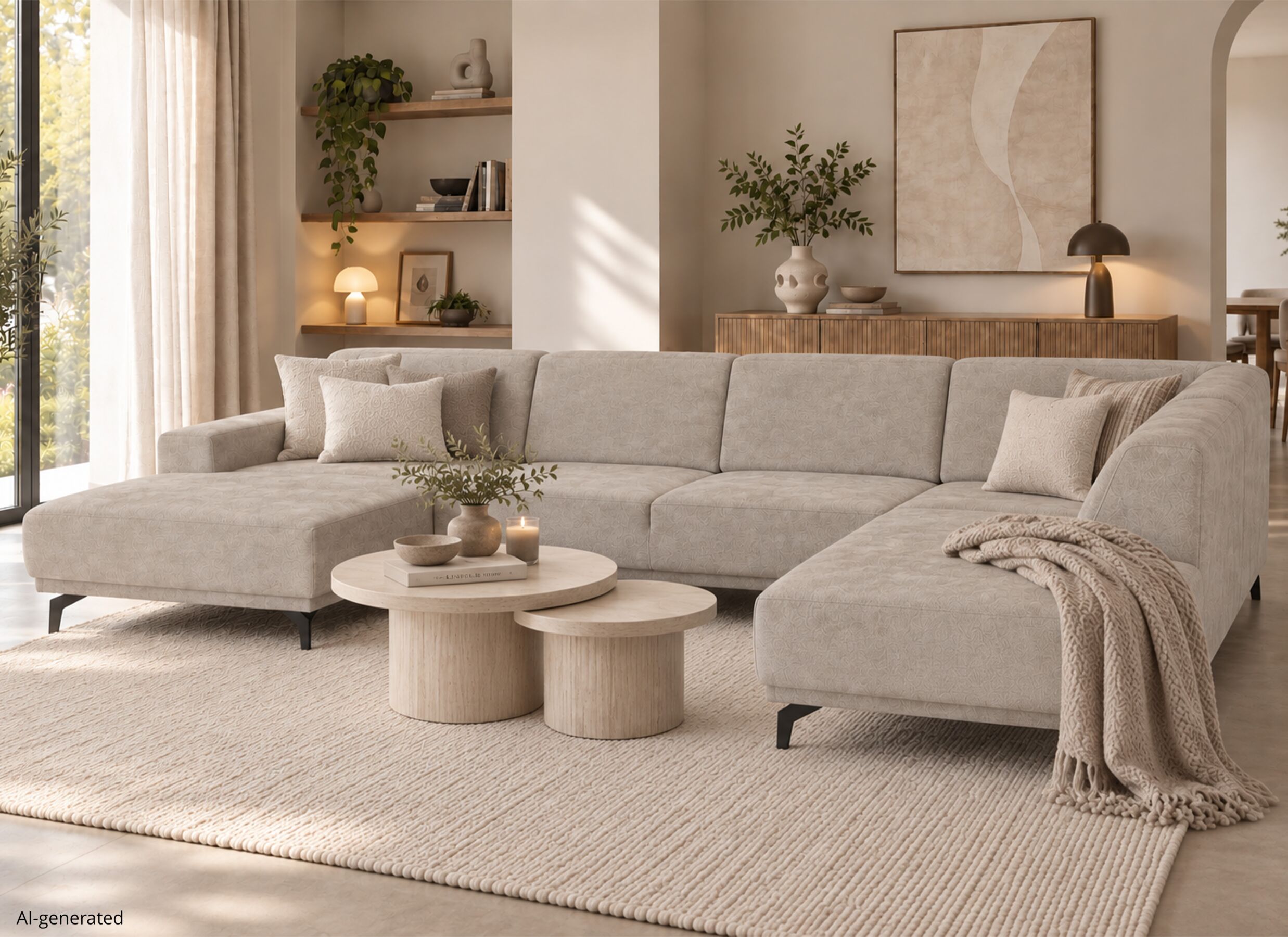 AI Generated - Canapé d'angle Mats 372x227cm - tissu - gris clair