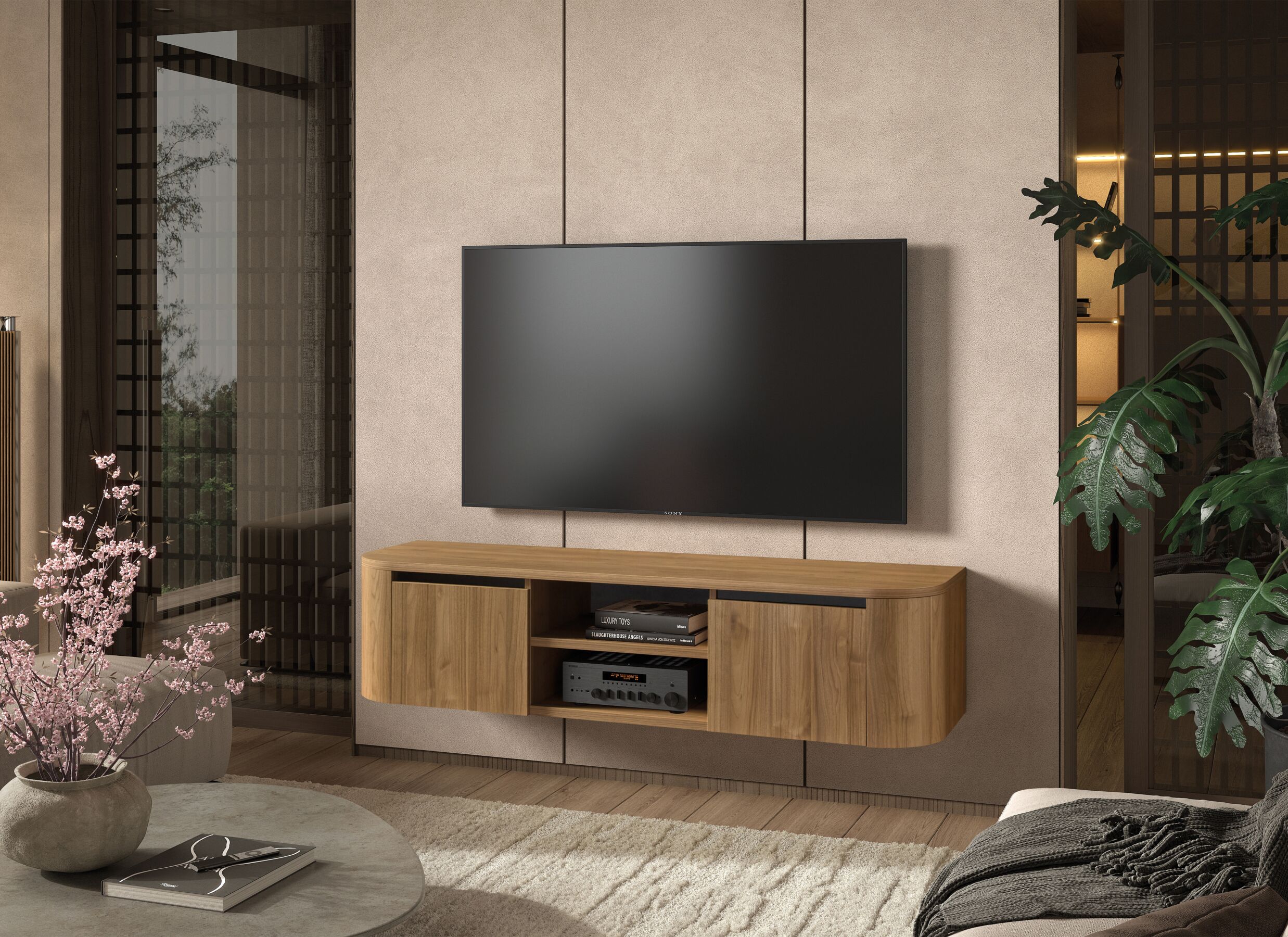 Foto ambiance - Meuble TV suspendu Valerio 170cm - mélamine - noyer clair