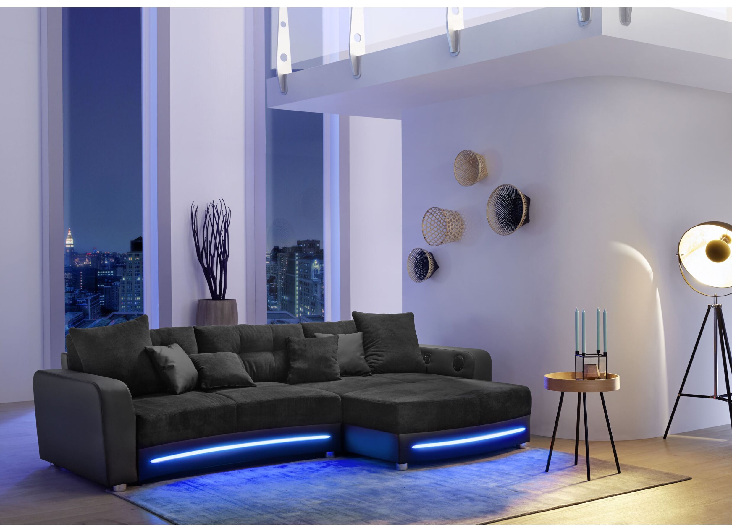 Hoeksalon Laredo 322x190cm - lederlook/stof - zwart met LED-verlichting