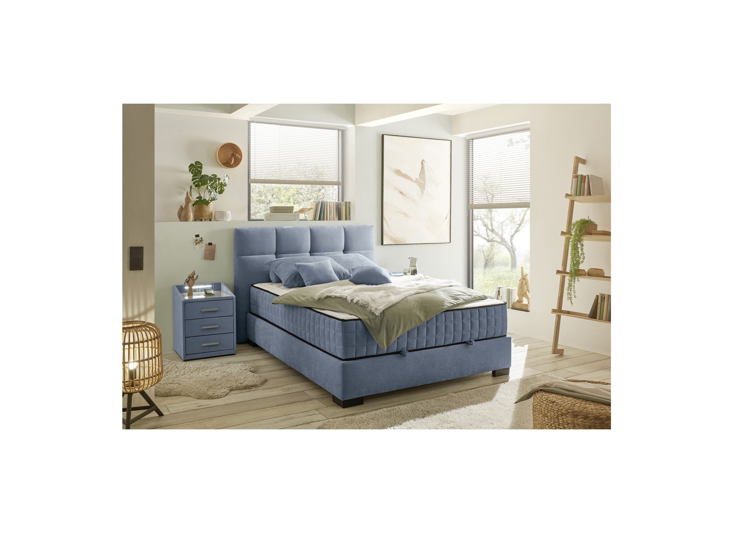 Foto ambiance - Lit box Nagol A 140x200cm avec rangement tissu bleu