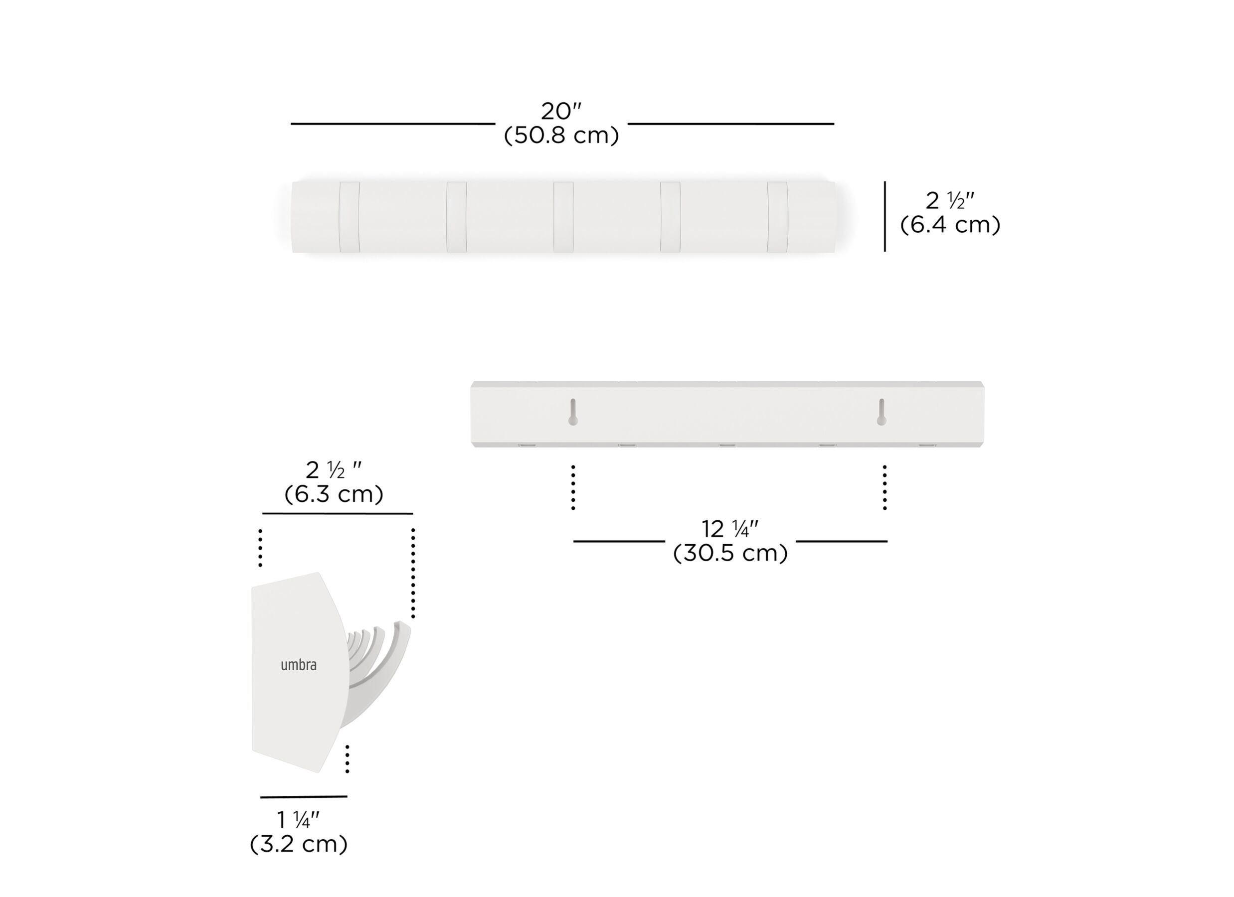 Afmetingen - Kapstok Flip 51x3,8x7cm - hout & metaal - wit