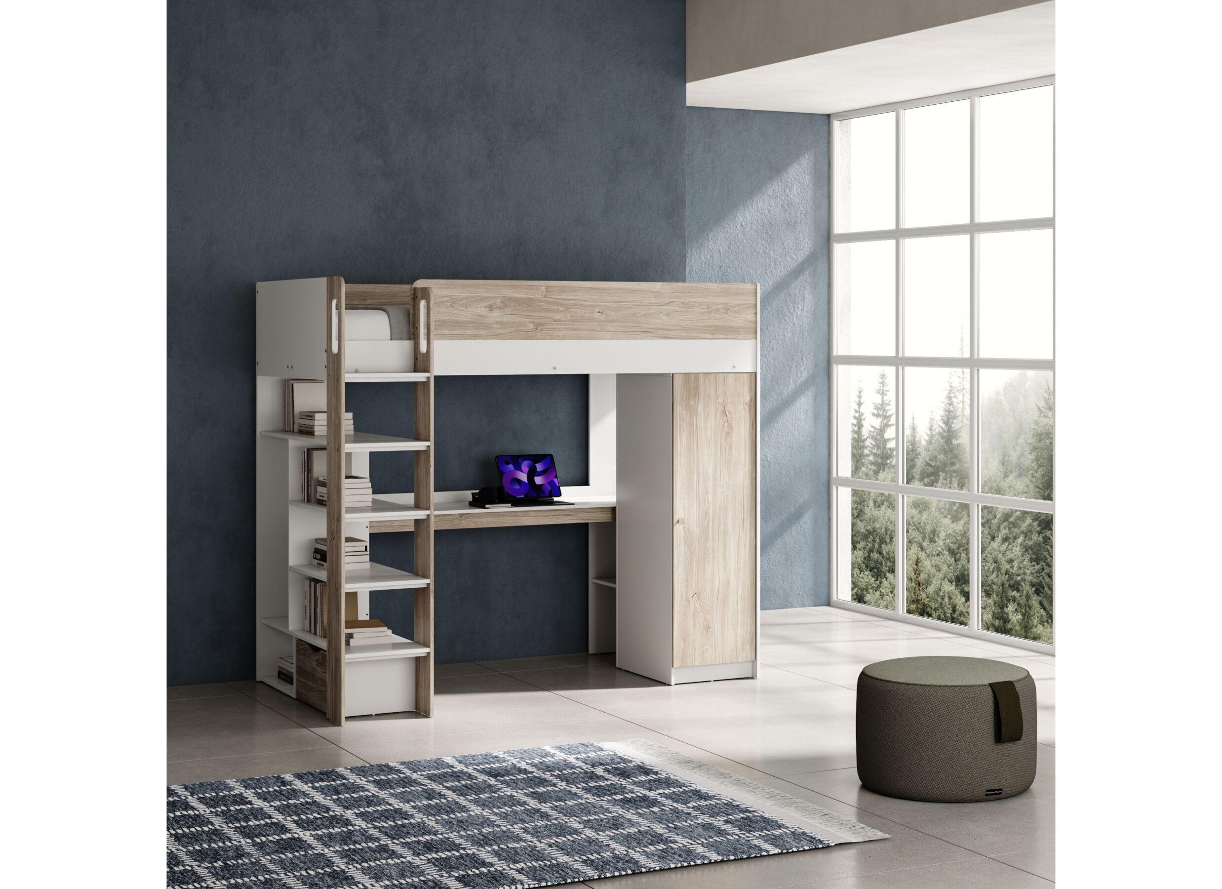 Foto ambiance - Lit mezzanine Evora 90x200cm - décor - ivory oak & wit avec bureau et rangement